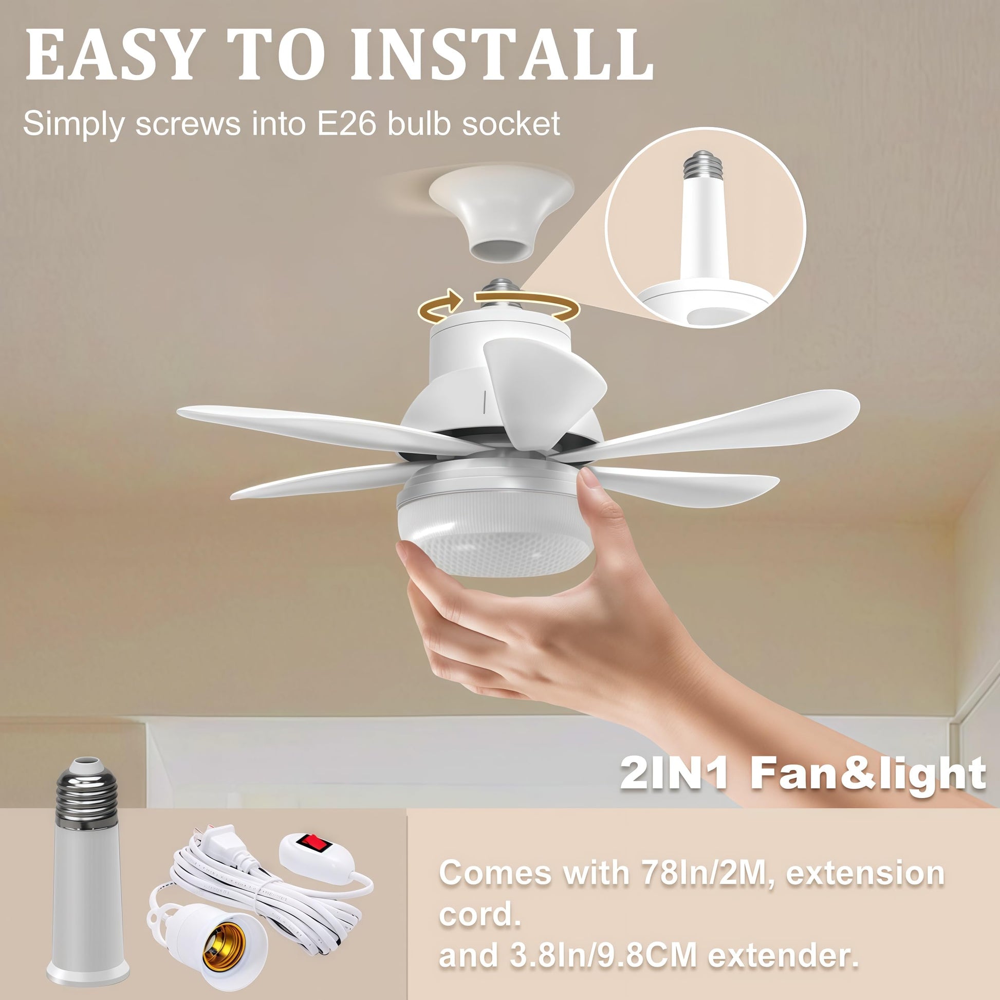 Locamp - Luz de ventilador con control remoto elimina la necesidad de un enchufe E26 Se puede utilizar en cualquier ubicación, LED regulable, 3 niveles de temperatura de color: 3000 k-6500 k. 2200