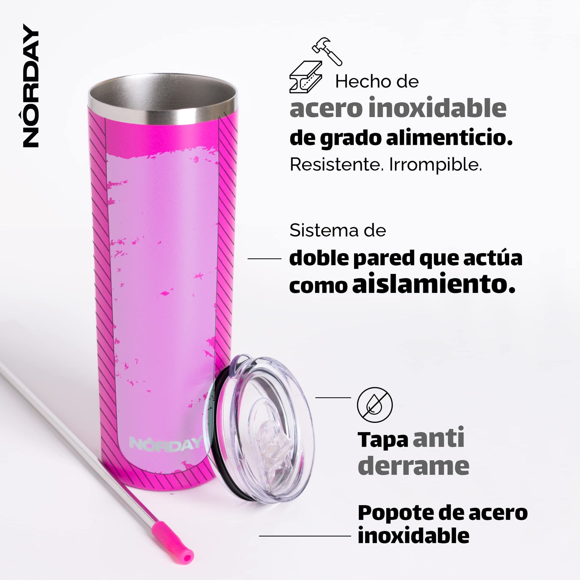 Vaso Térmico Norday Rosa 22 oz Acero Inoxidable Doble Pared Antiderrame 24hs Temperatura para Viaje