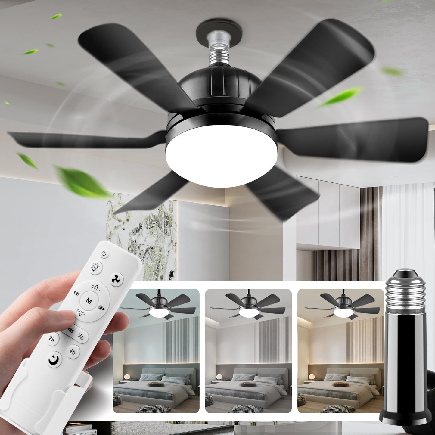 Ventilador de Techo con Luz y Control Remoto E26/E27 Negro, Brillo Regulable y Tres Velocidades del Viento 40W