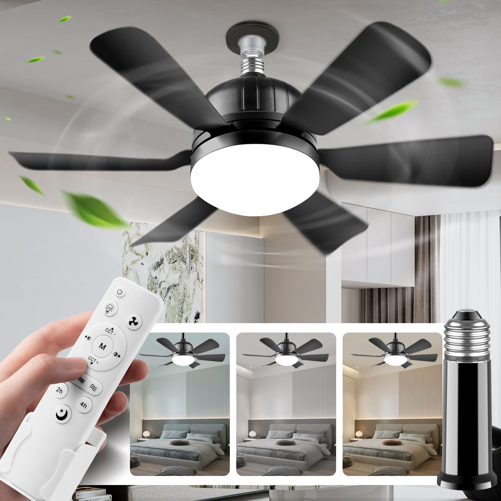 Ventilador de Techo con Luz y Control Remoto E26/E27 Negro, Brillo Regulable y Tres Velocidades del Viento 40W