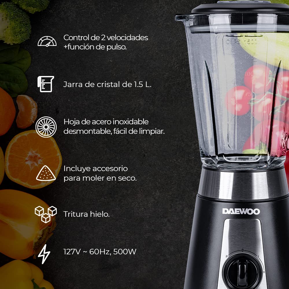 DAEWOO Licuadora con molinillo negra Daewoo 1.5 lts., 2 velocidades más Pulse, rompehielos, suela antideslizante, potencia de 500W.