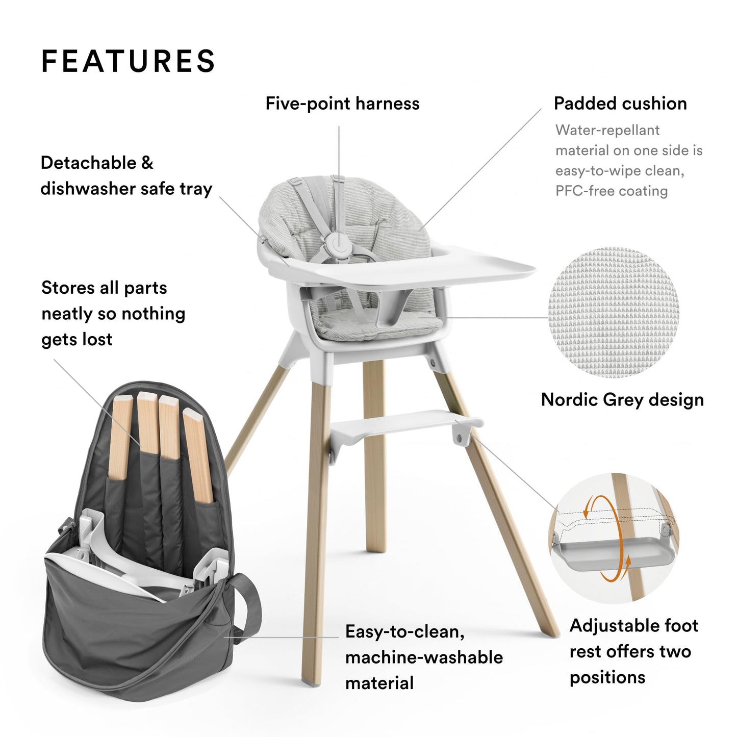 Silla Stokke Clikk con cojín Clikk (gris nórdico) + bolsa de viaje - Incluye bandeja y arnés - Ligera, duradera y fácil de transportar - Ideal para bebés de 6 a 36 meses o hasta 15 kg