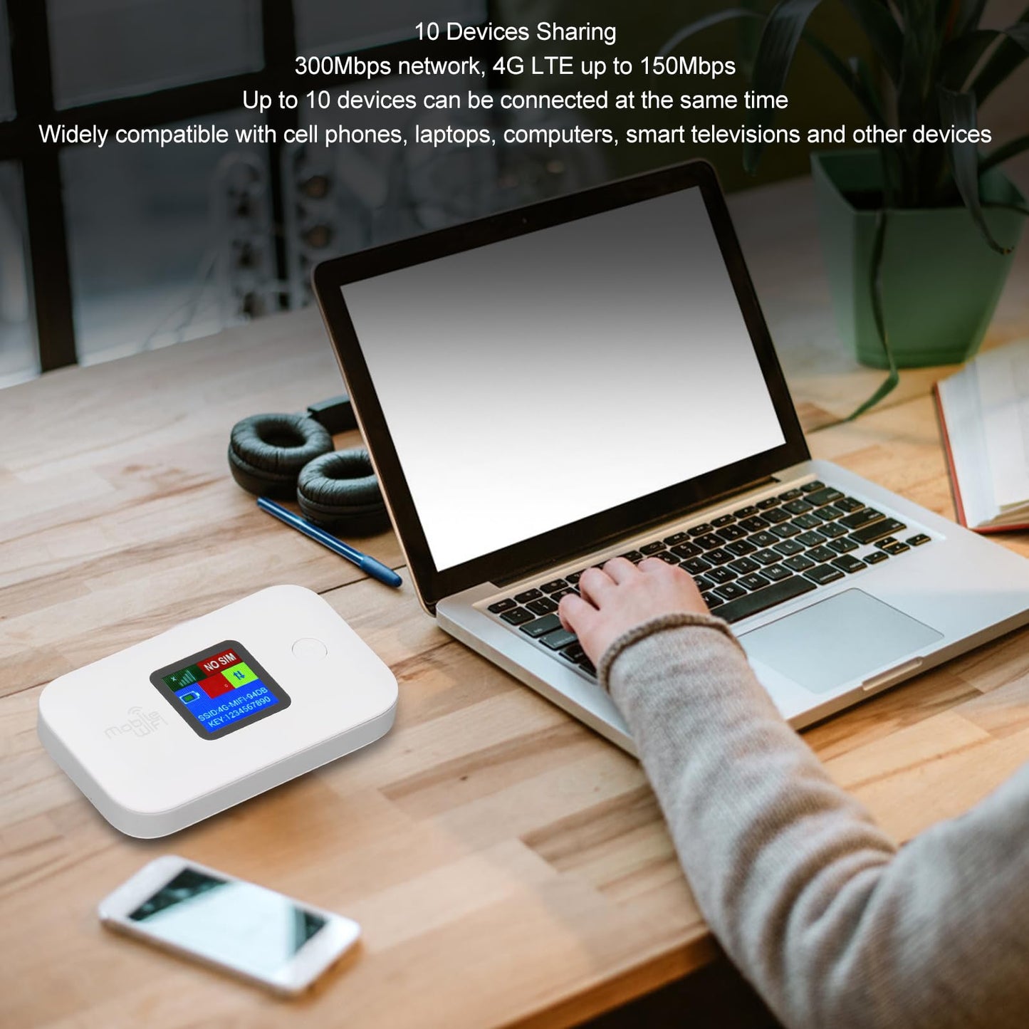 Punto de Acceso MiFi Móvil, WiFi Portátil 4G de 300Mbps Compatible con 10 Usuarios, Enrutador WiFi Móvil con Ranura para Tarjeta SIM para Teléfono Portátil