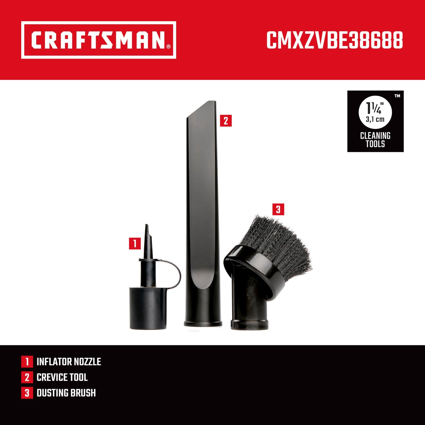 CRAFTSMAN CMXZVBE38688 1-1/4" Kit de Accesorios de 3 Piezas para aspiradora de Grado Industrial para inflar, Quitar el Polvo y Limpiar Detalles, se Adapta a 1-1/4 Pulgadas Diámetro de la Manguera