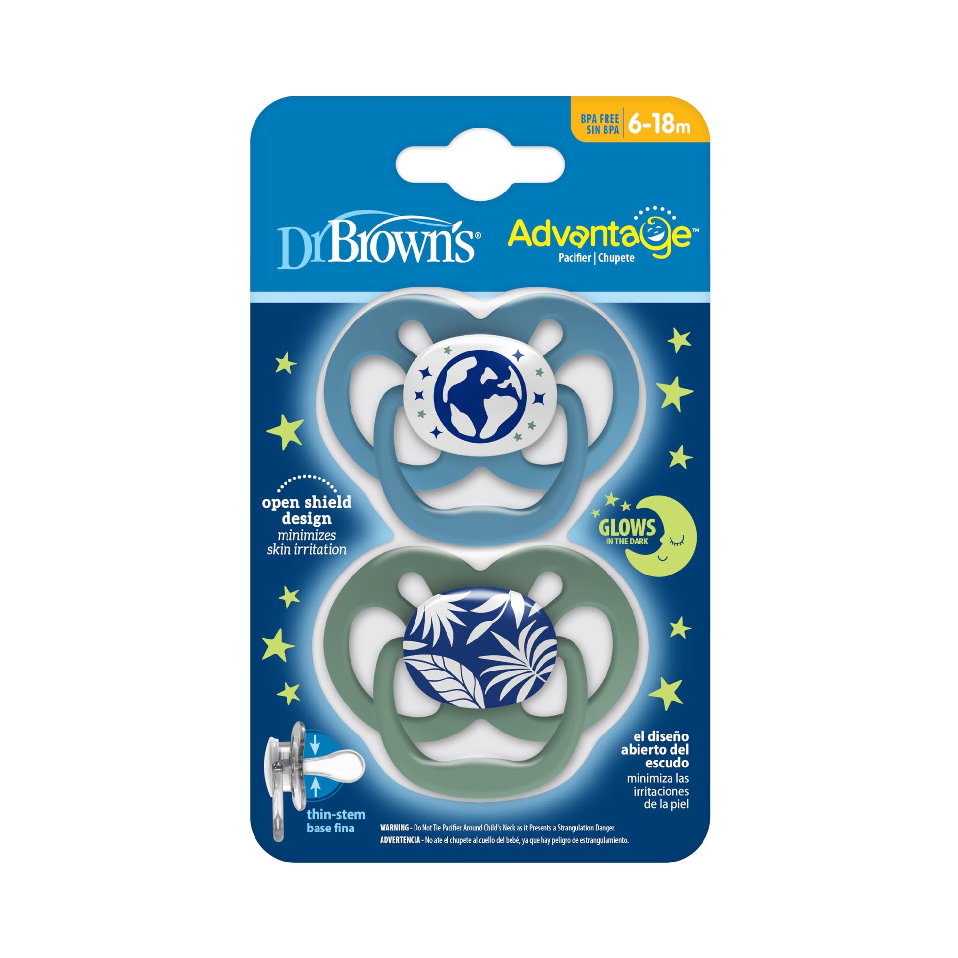 Chupete Dr. Brown's Advantage Azul que Brilla en la Oscuridad 6-12 Meses 2 Piezas