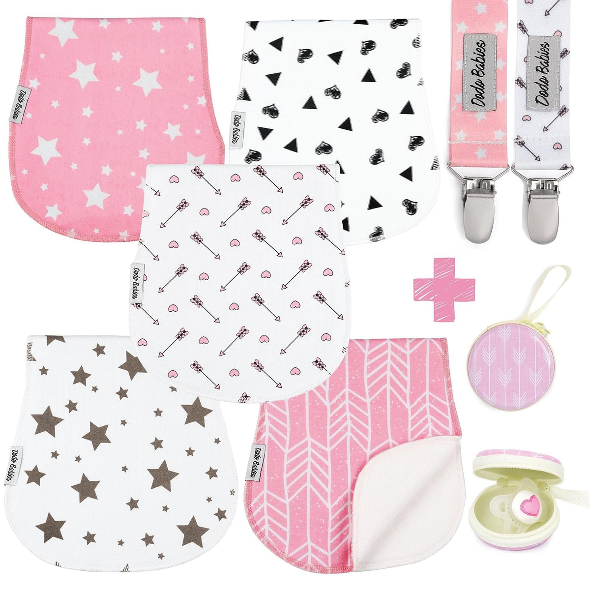 Baby Burp Cloths Pack of 5 by Dodo Babies + 2 Pacifier Clips + Pacifier Case Premium Quality For Girls Soft and Absorbent Excellent Baby Shower/Registry Gift