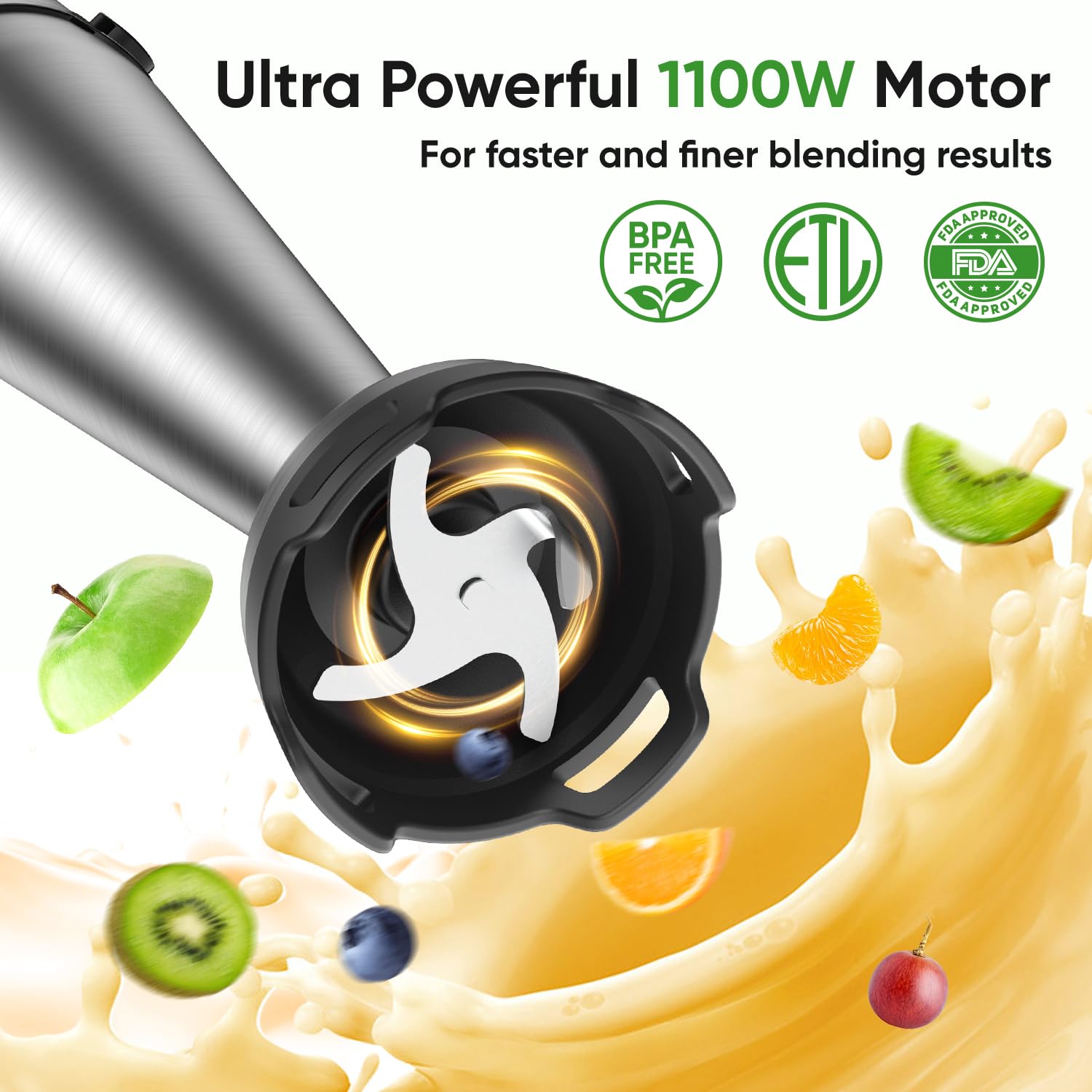 Licuadora de inmersión de mano 3 en 1 de 1100 W con cable para cocina con control de velocidad de gatillo, con batidor, espumador de leche, emulsionante perfecto para sopa, licuado, puré