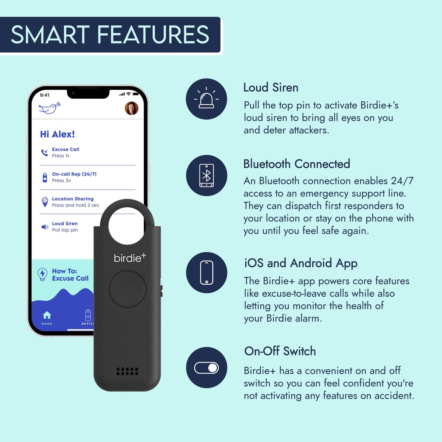 Alarma de Seguridad Personal Inteligente Birdie Azul con Sirena Fuerte y Bluetooth para Mujer