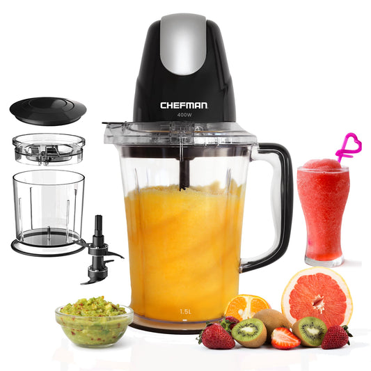 Chefman - LICUADORA , 400w de potencia, cuchillas cuádruples de acero inoxidable. tritura hielo, incluye vaso para picar alimentos