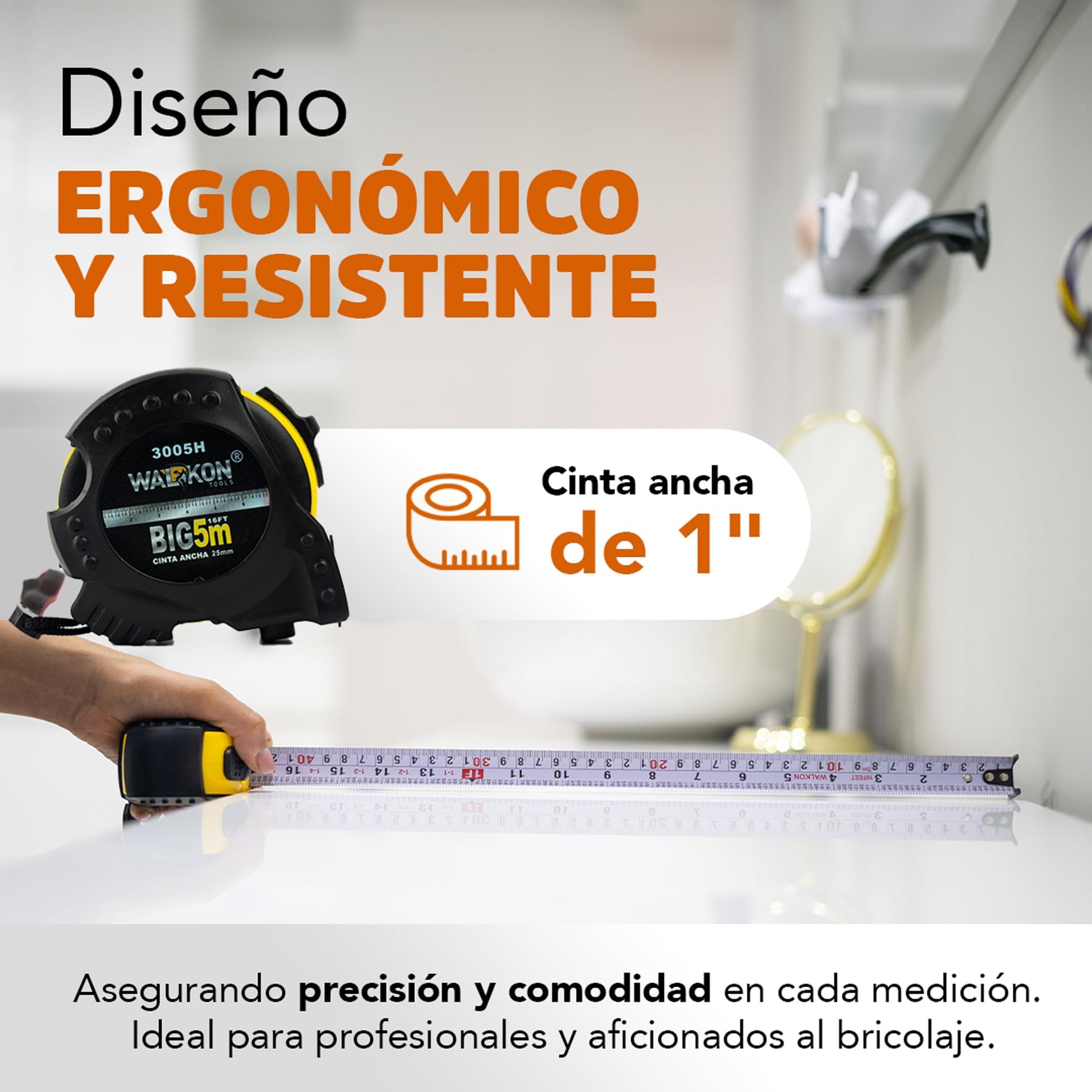 Flexómetro WALKON Blanco Hule contra Impacto 5 Metros