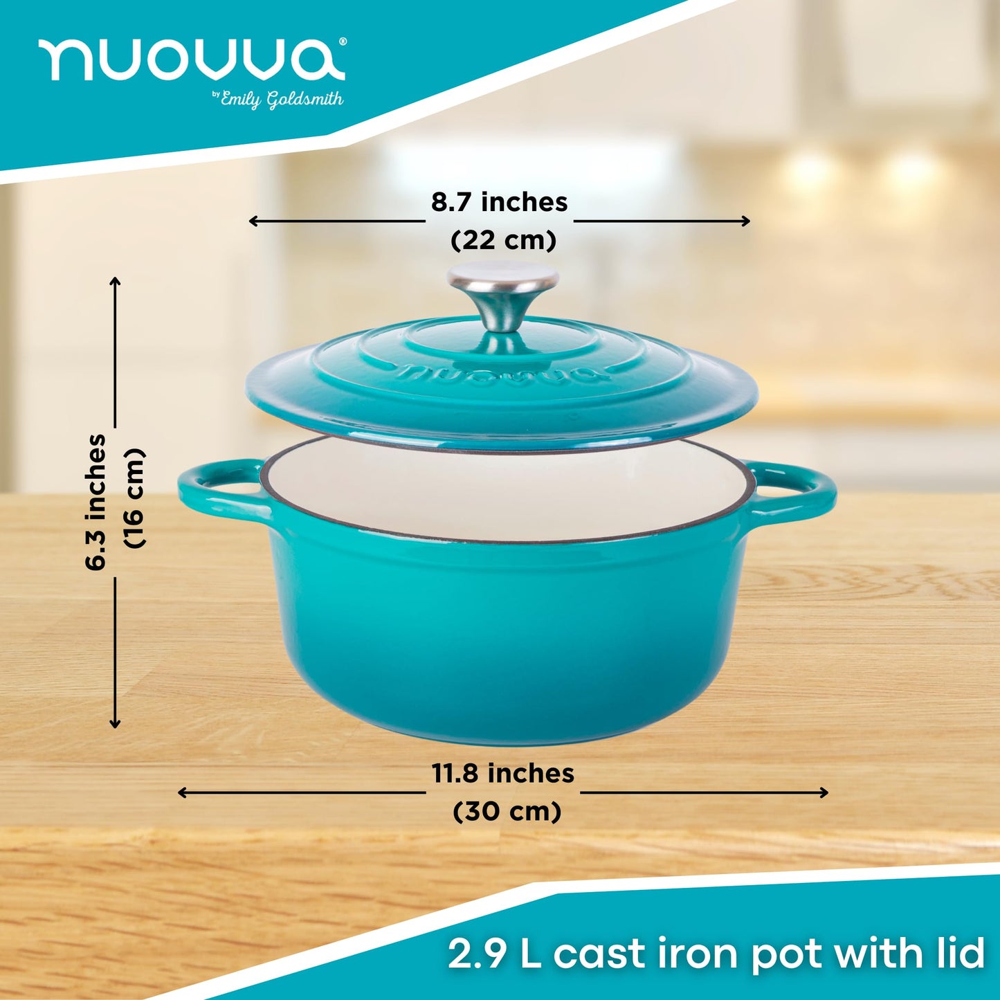 Nuovva - Horno holandés de hierro fundido con tapa - Cacerola esmaltada antiadherente - Utensilios de cocina resistente para horno holandés - Verde azulado, 3.1 cuartos de galón, 22 cm