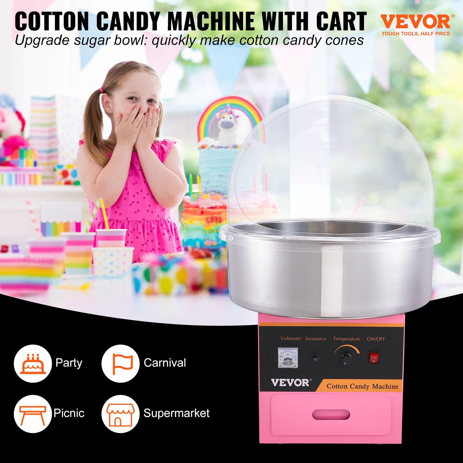 Máquina Eléctrica de Algodón de Azúcar VEVOR Rosa con Tazón de Acero Inoxidable para Eventos y Hogar