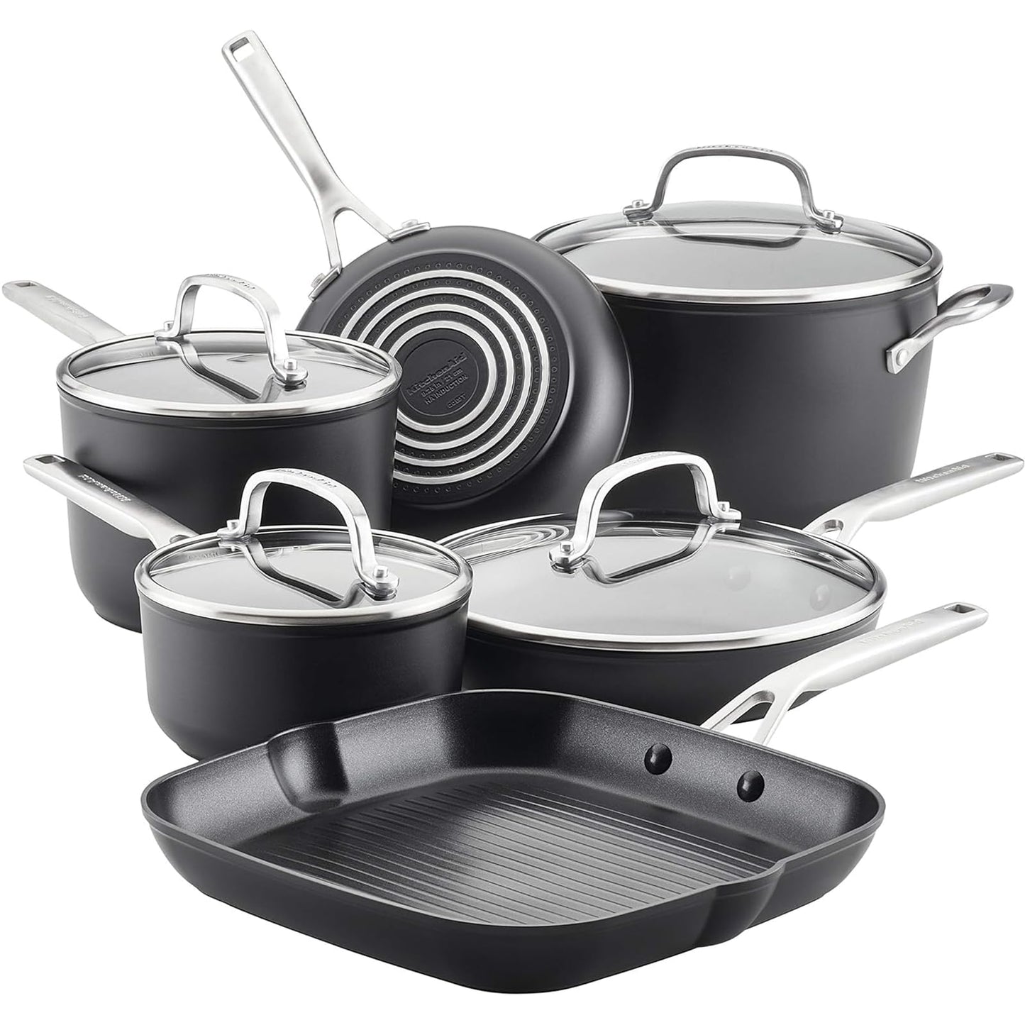 KitchenAid Juego de ollas y sartenes antiadherentes de inducción anodizada, 10 piezas, negro mate