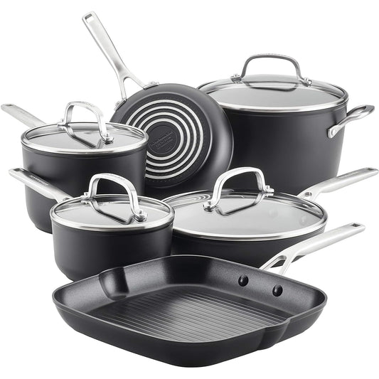 KitchenAid Juego de ollas y sartenes antiadherentes de inducción anodizada, 10 piezas, negro mate