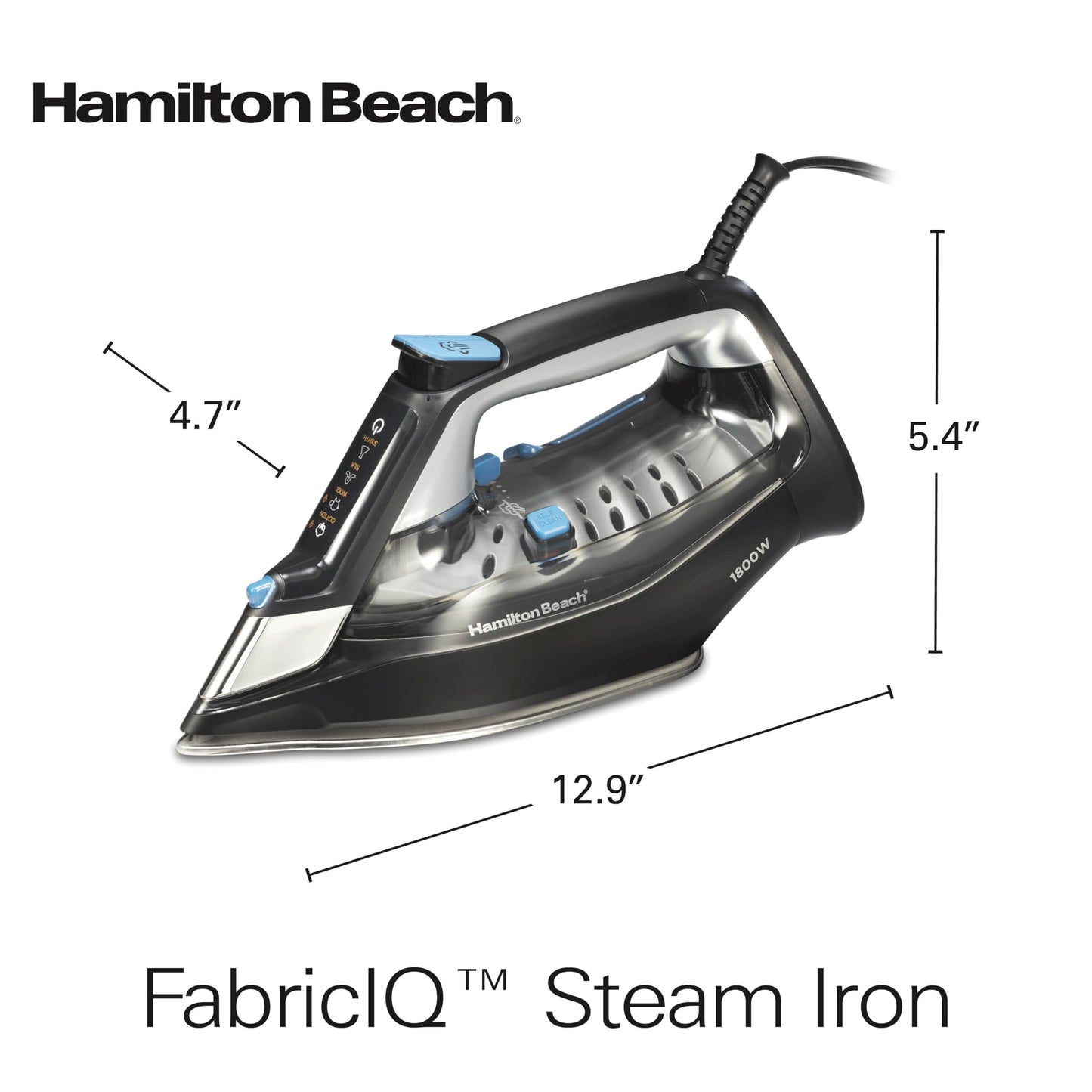 Hamilton Beach - Plancha de vapor para ropa y ropa con panel táctil intuitivo FabricIQ, suela de acero inoxidable duradera, apagado automático de 3 vías, 1800 vatios, tanque de agua de 350 ml, cable