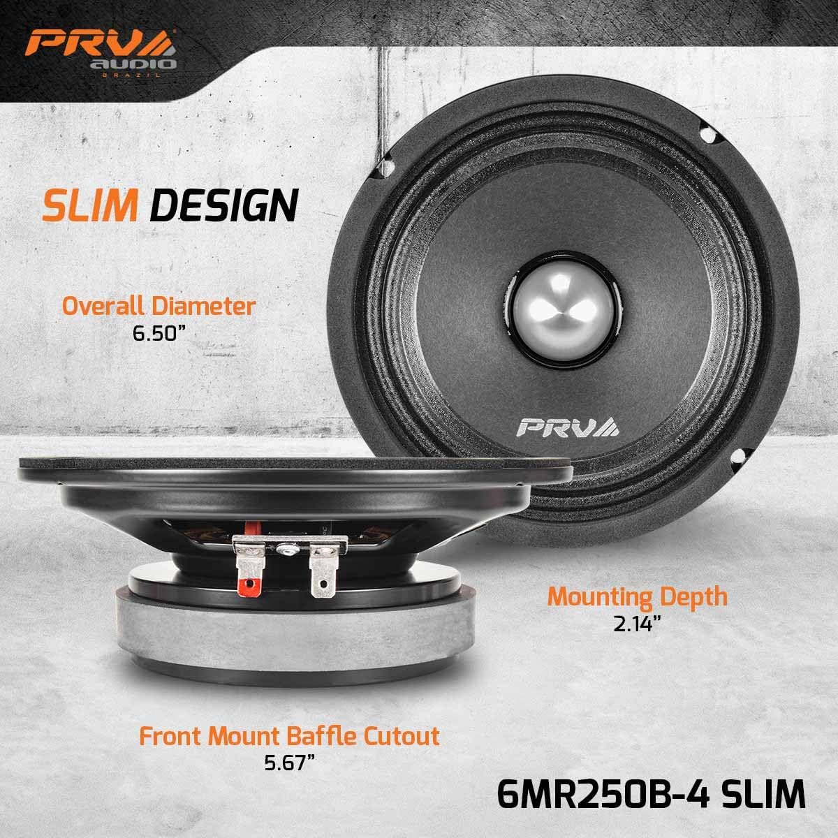 PRV AUDIO 6MR250B-4 Altavoz bala de rango medio poco profundo de 6.5 pulgadas, delgado, 250 vatios 4 ohmios, altavoz delgado de audio para coche, compacto para puertas (individual)