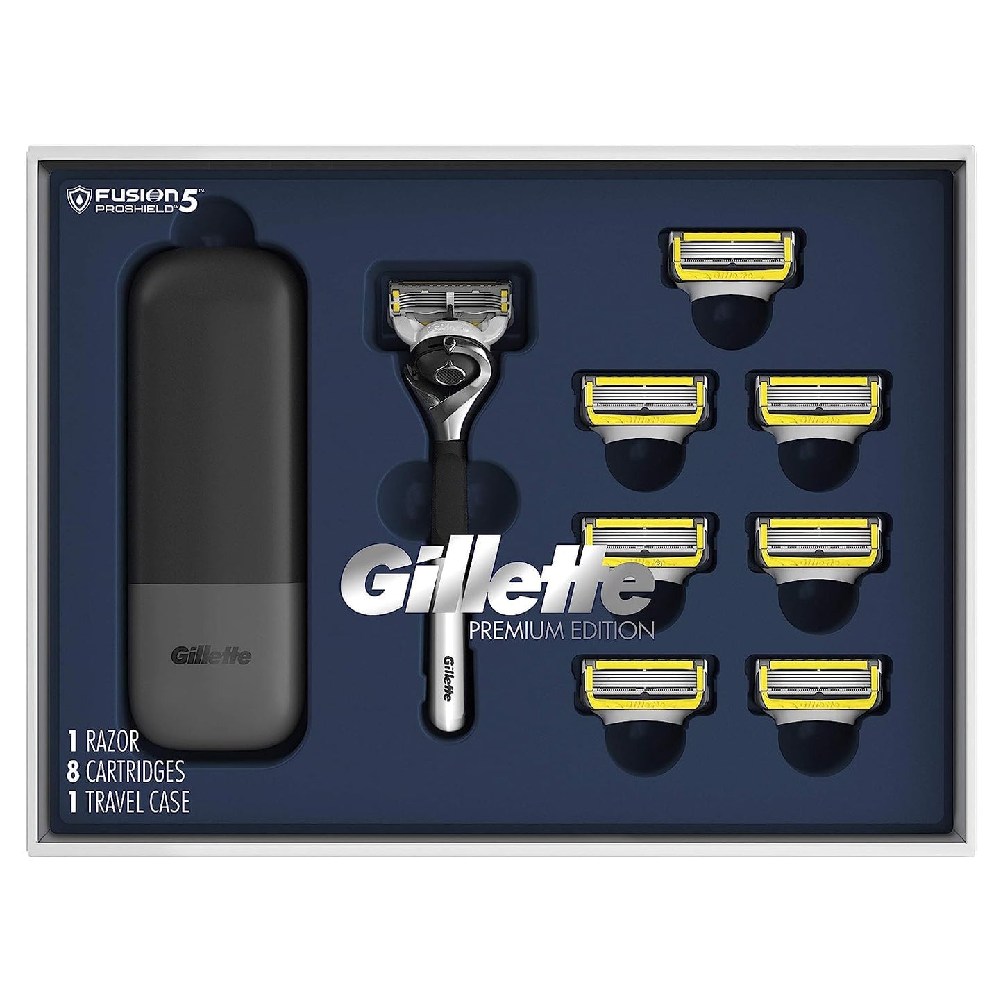 Gillette - Set de regalo de afeitado Fusion Proshield para hombre, 8 recambios de cuchillas Fusion Proshield, 1 mango de afeitar, 1 funda de afeitar