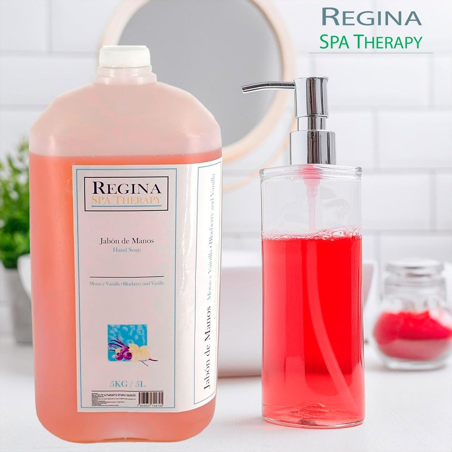 Regina Spa Therapy-Jabón para manos de uso hotelero hecho a base de esencia de moras y vainilla. 5 litros. Suavidad Aromática: Jabón de Manos para una Experiencia Sensorial.