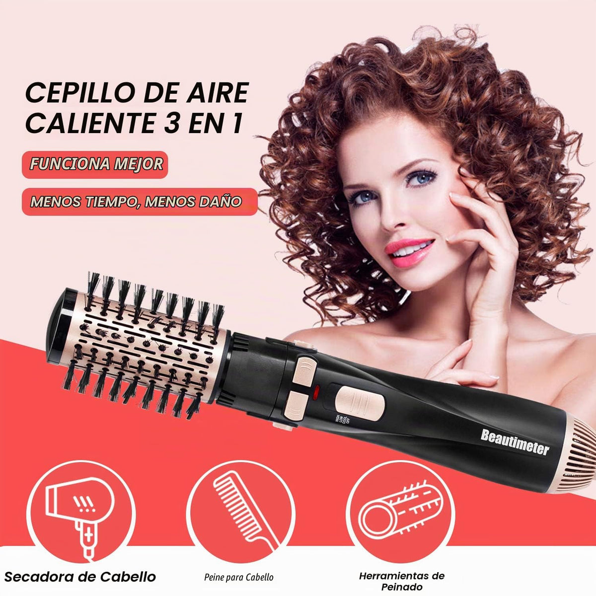 Kit de Cepillo Giratorio BEAUTIMETER Negro y Dorado con Aire Caliente Iónico 3 en 1