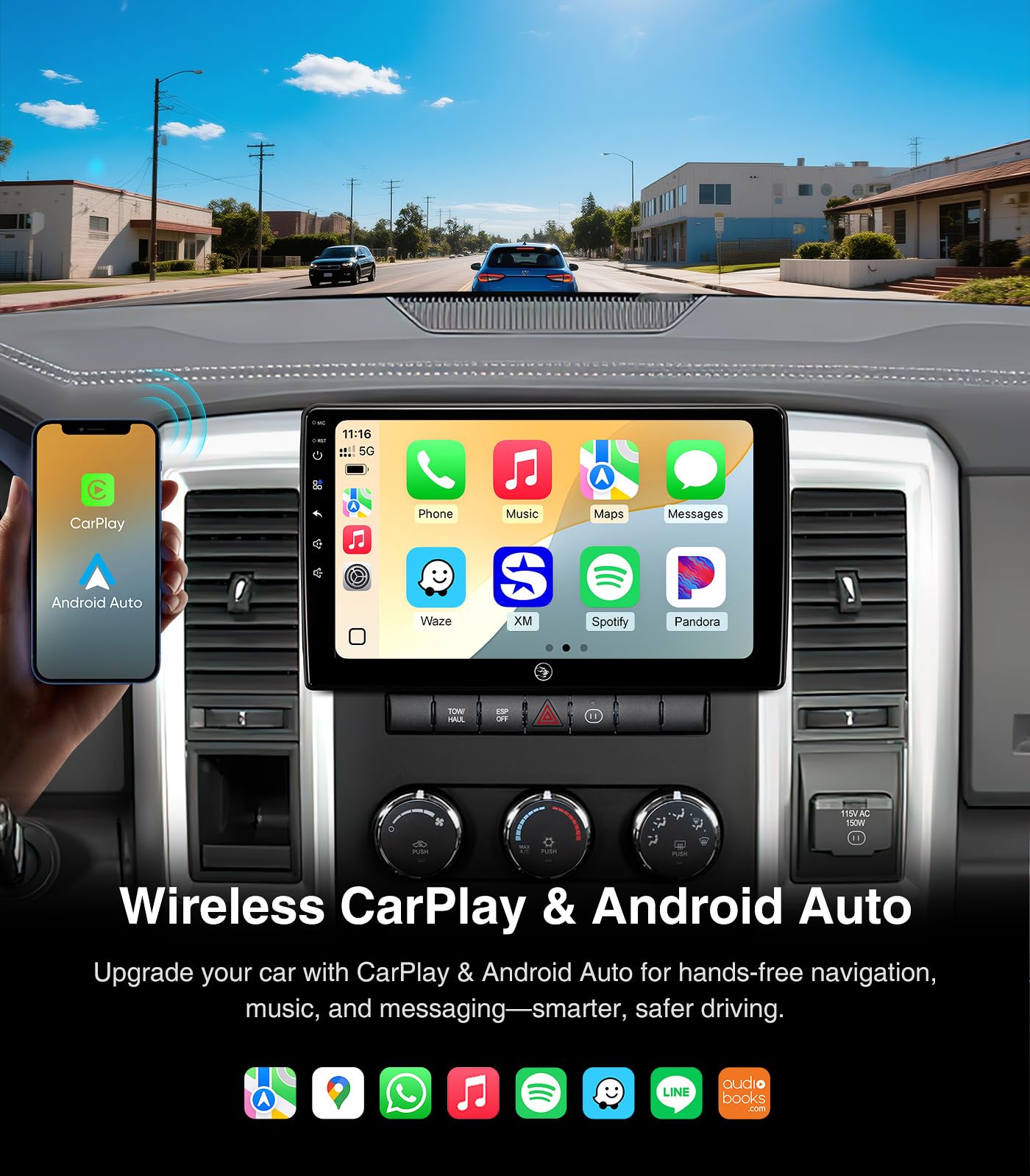 Estéreo de coche con visualización táctil de 10 pulgadas (4G+64G) para Dodge Ram 1500 2500 3500 (2009-2012), kit de repuesto de radio con inalámbrico CarPlay Android Auto 5G WiFi BT GPS Navigation