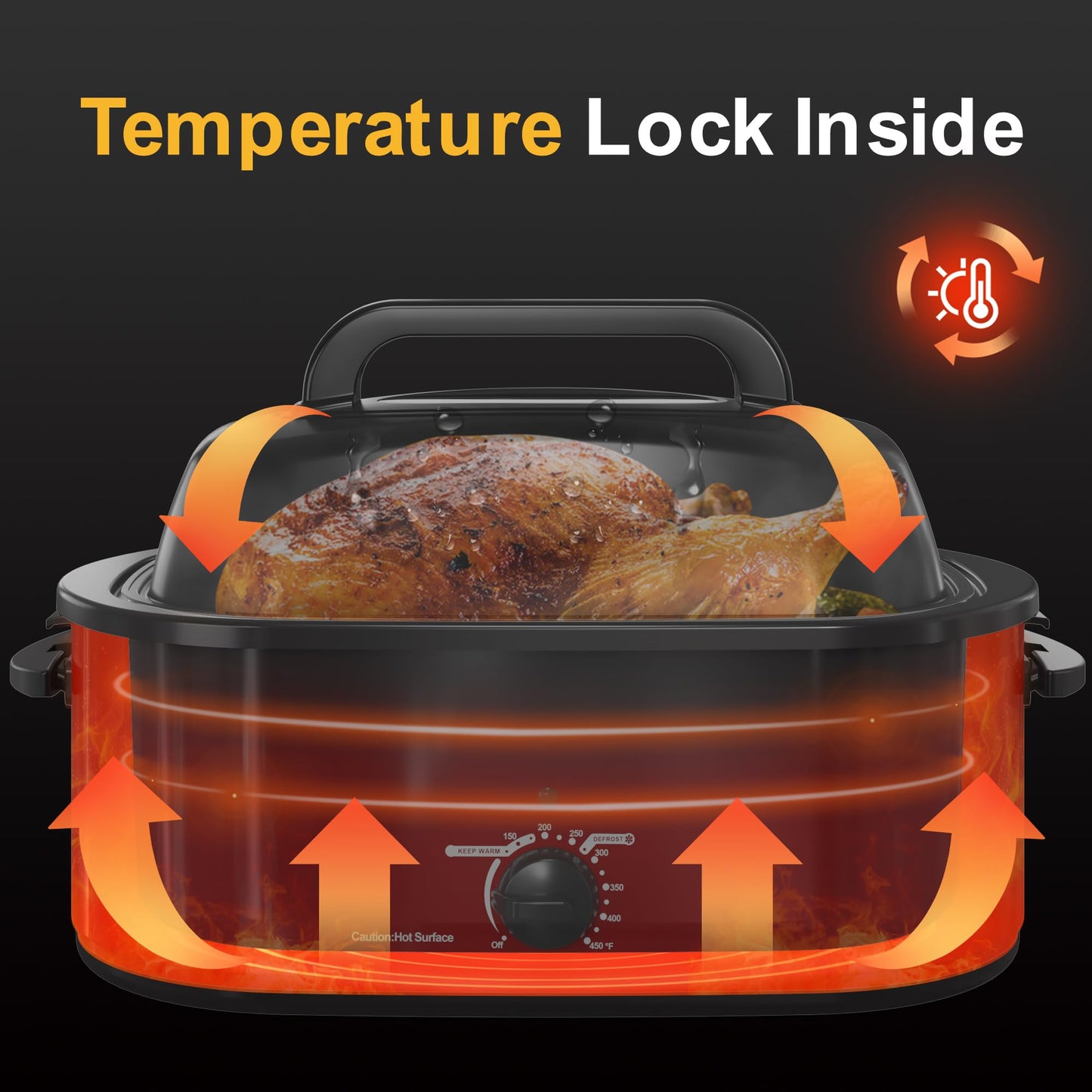 Horno tostador eléctrico de 26 cuartos con tapa visible y autohilado, tostador grande de pavo con función de descongelación caliente, temperatura ajustable, estante extraíble para sartén, acero