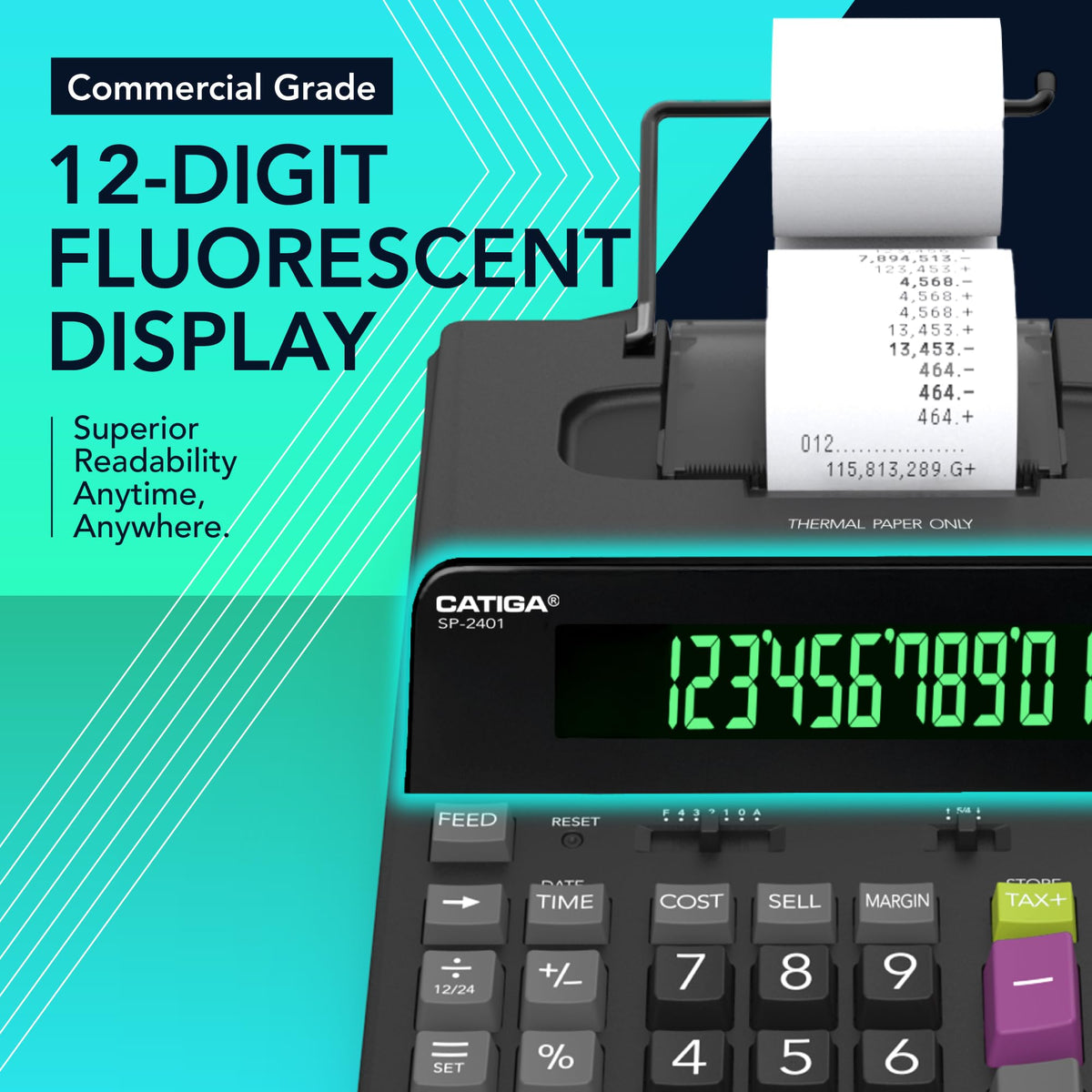 CATIGA SP-2401 - Calculadora de impresión térmica de 12 dígitos con cinta de impresión, máquina de adición sin tinta, 5 veces más rápida bastante a 8.0 LPS, visualización fluorescente extragrande