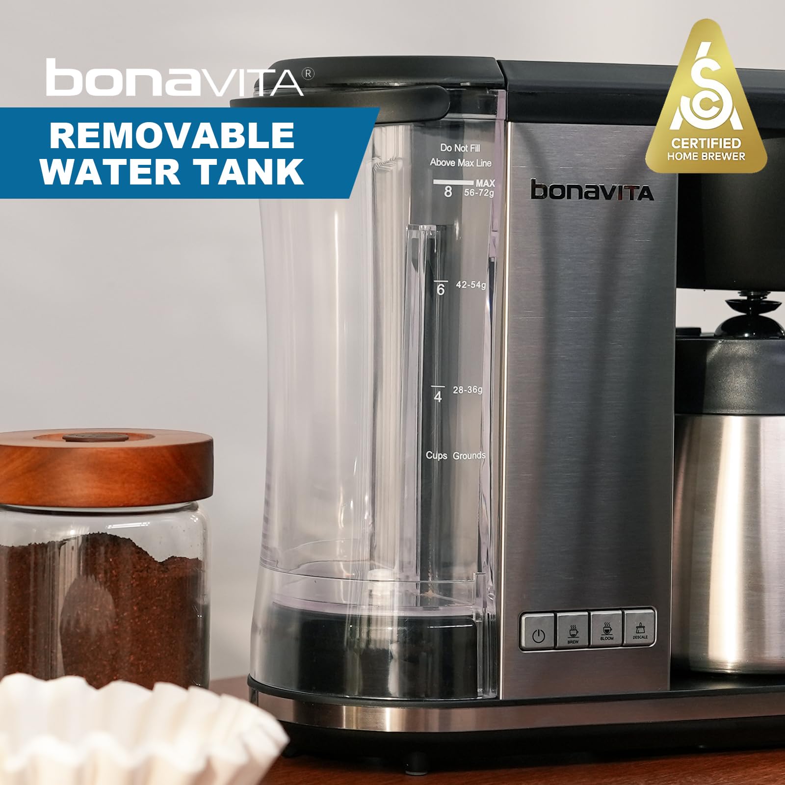 Bonavita Enthusiast - Cafetera de goteo de 8 tazas, con jarra térmica, panel de acero inoxidable, depósito extraíble, color negro mate