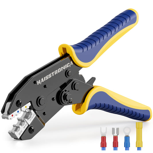 Haisstronica - Herramienta de crimpado para conectores de cables eléctricos aislados, AWG 22-10, herramientas de crimpado de carraca, herramientas de prensado de cables de arraque, disponible para