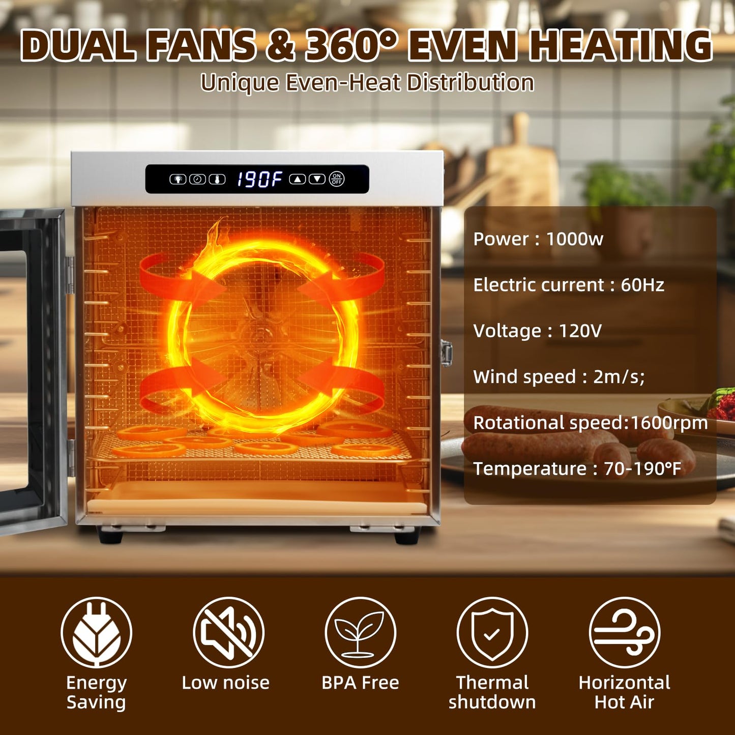 Máquina deshidratadora de alimentos, 9 bandejas de acero inoxidable, deshidratador de frutas de 1000 W, secador de carne de 7.7 pies cuadrados para ceca, control de temperatura de 190 ºF, máquina