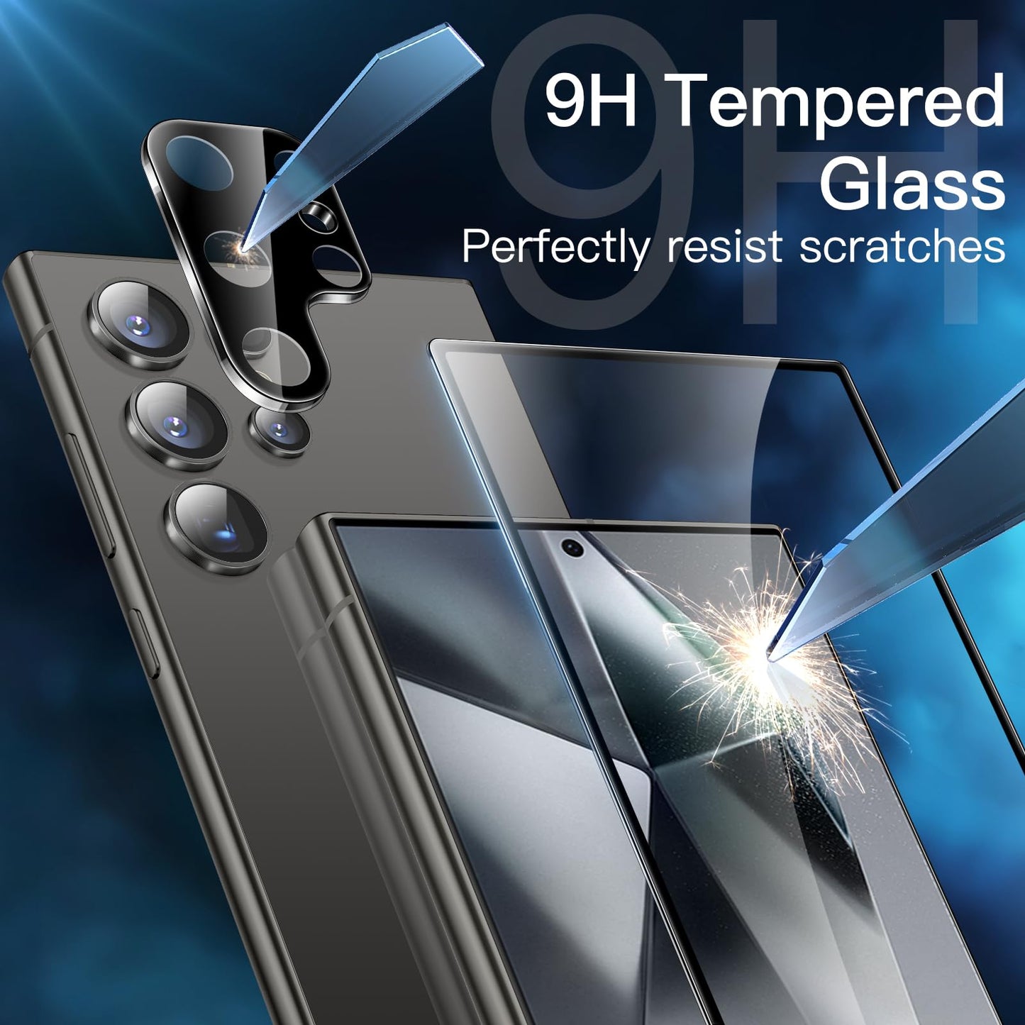 JETech 5 en 1 Funda Mate para Samsung Galaxy S24 Ultra 5G con 2 Protector Pantalla y 2 Protector Lente Cámara, Carcasa Trasera Protectora Translúcida, Cristal Vidrio Templado (Negro)