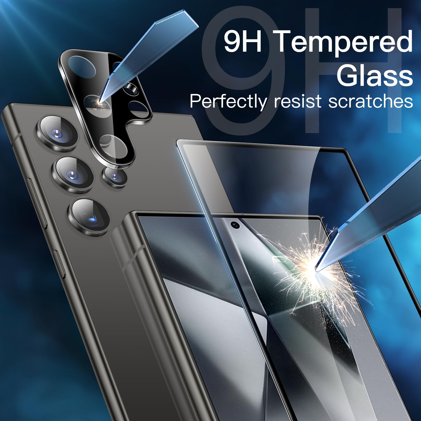 JETech 5 en 1 Funda Mate para Samsung Galaxy S24 Ultra 5G con 2 Protector Pantalla y 2 Protector Lente Cámara, Carcasa Trasera Protectora Translúcida, Cristal Vidrio Templado (Negro)