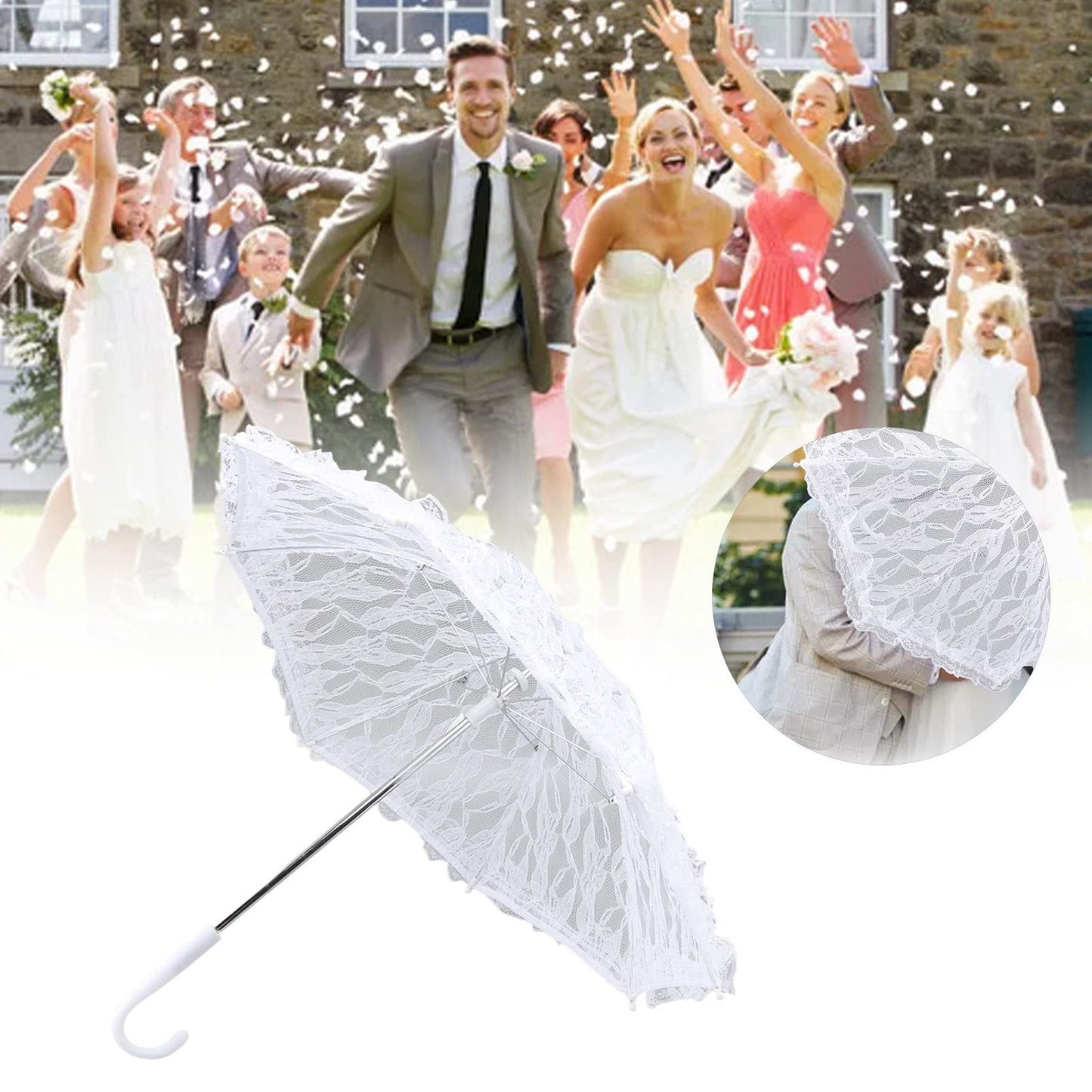 TANM Paraguas de Sombrilla de Encaje Blanco, Paraguas de Sombrilla de Encaje Aspecto Elegante en J de Plástico para Boda