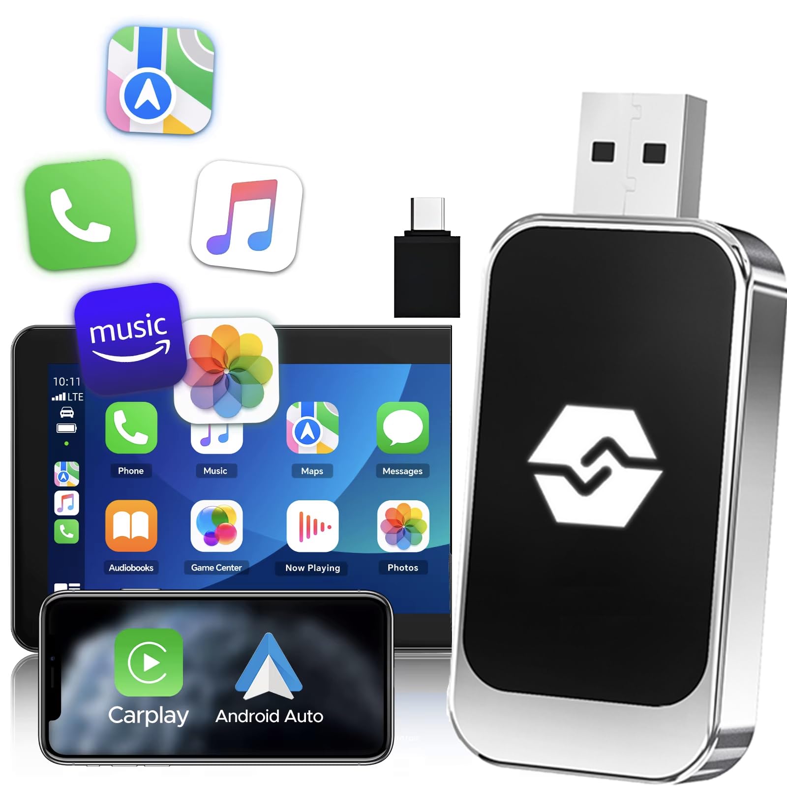 Carplay inalambrico para auto,adaptador carplay inalambrico,Carplay inalámbrico/Android Auto 2 en 1,Convertir carplay con cable en carplay inalámbrico,Plug and play,onexión automática,baja latencia
