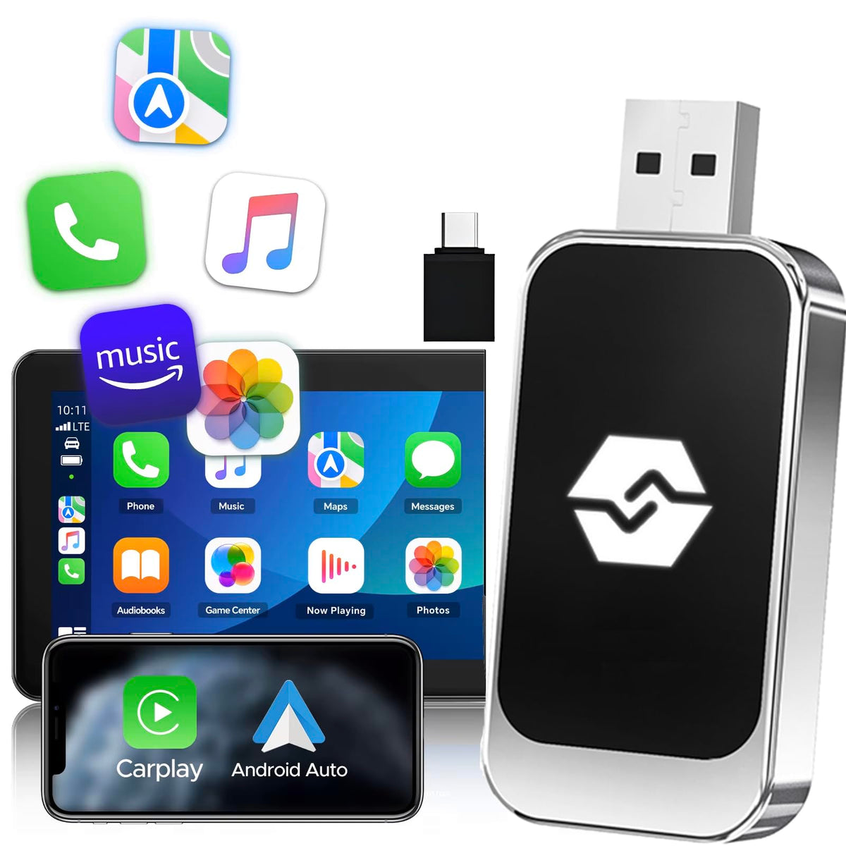 Adaptador Carplay Inalámbrico para Auto 2 en 1 con Android Auto y Conexión Automática