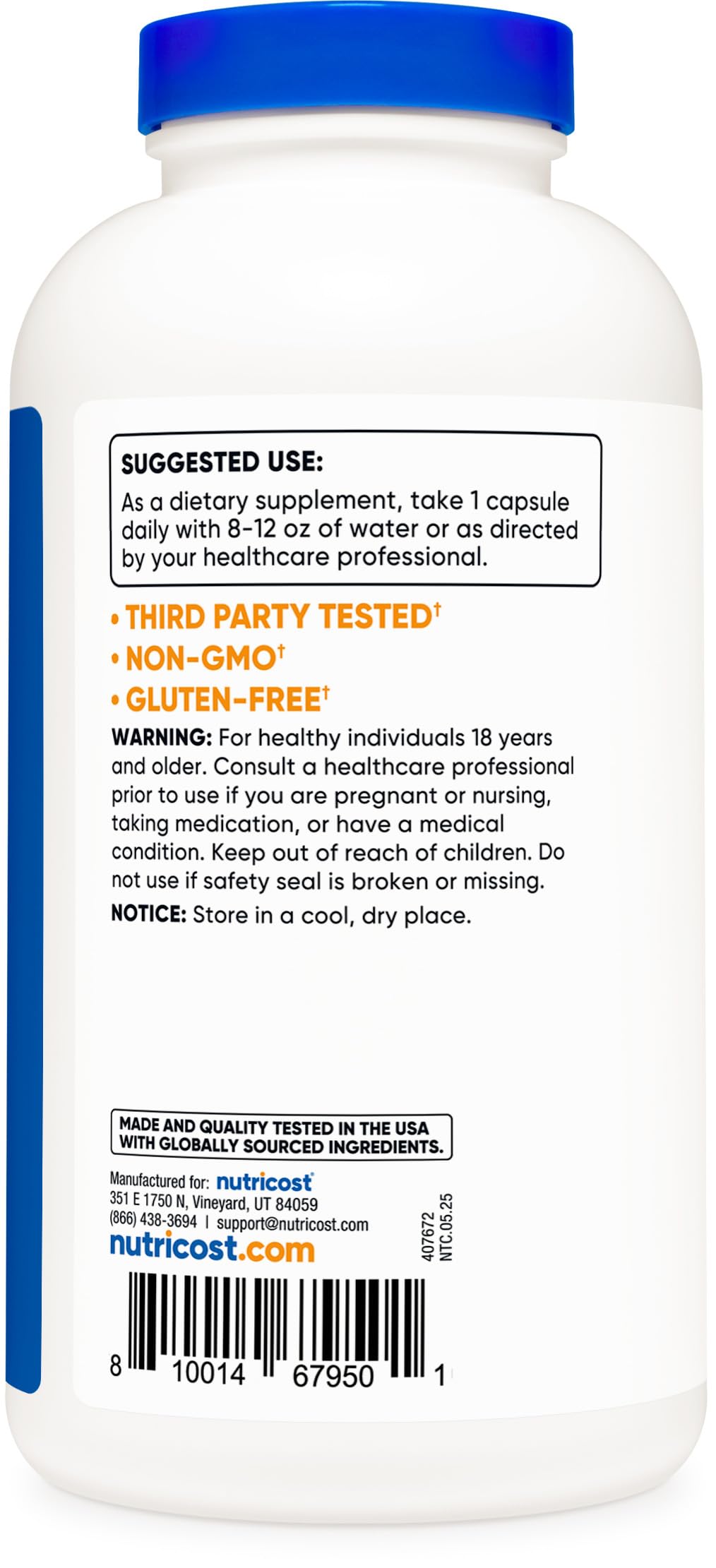 Suplemento Nutricost Taurina 1000mg 400 Cápsulas Sin Gluten y OGM
