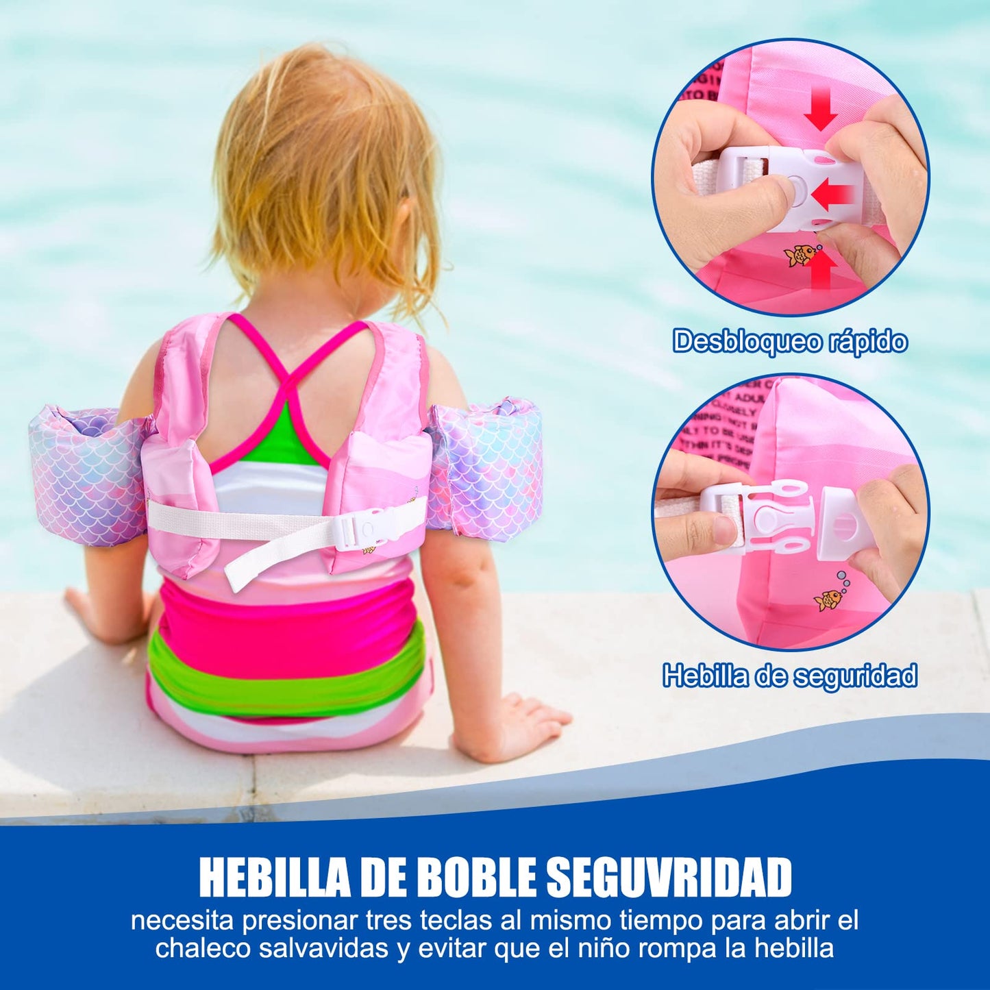 Chaleco Salvavidas VVYY8985 Sirena Ajustable para Niños y Niñas 3 a 8 Años