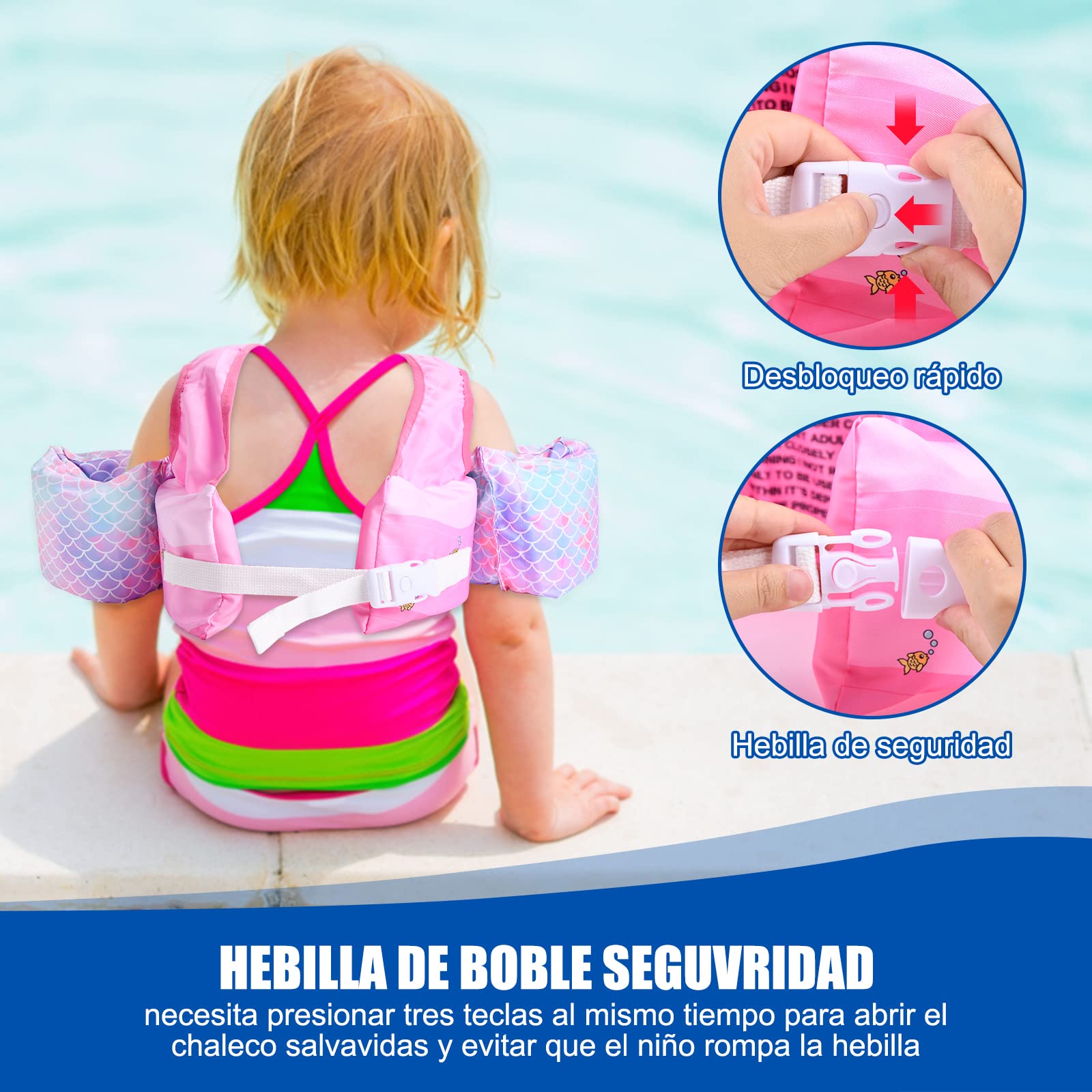 Chaleco Salvavidas VVYY8985 Sirena Ajustable para Niños y Niñas 3 a 8 Años