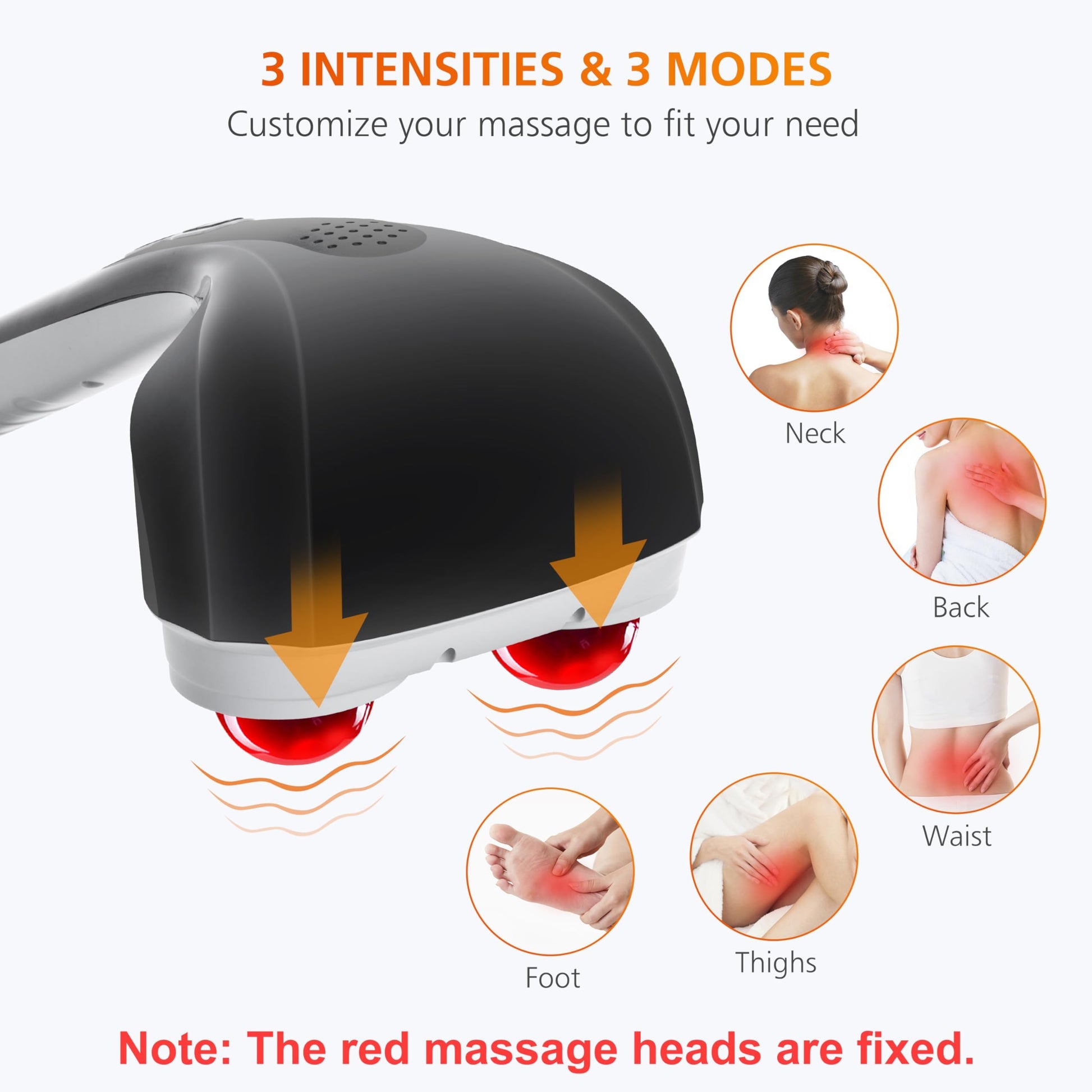 Snailax Masajeador de espalda inalámbrico de mano con calor, masajeador de percusión de tejido profundo, 3 juegos de cabezales giratorios duales, masajeador de mano recargable para cuello, hombros, pantorrilla, piernas