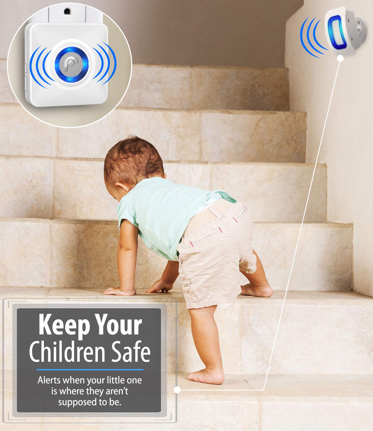 Fosmon WaveLink - Protector de alarma para puerta (500 pies, 58 melodías, 5 niveles de volumen, indicadores LED), detector de movimiento, alerta de entrada en casa, empresa/tienda (1 receptor + 2