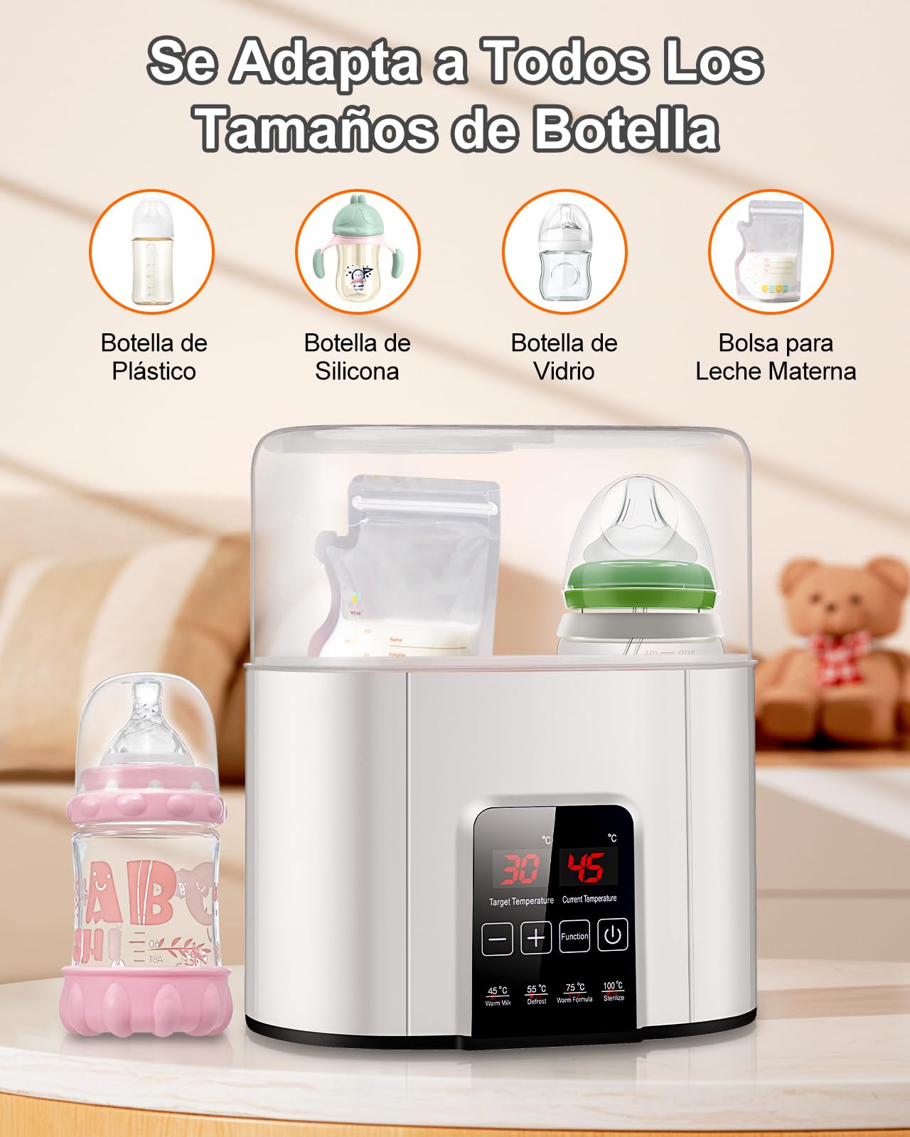 Calentador de Botellas, Calentador Rápido de Biberones para Leche Materna y Fórmula, Se Adapta a 2 Botellas, Control Preciso de Temperatura, Calentador de Leche con Descongelación, Esterilización, Mantenimiento del Calor, Calentador de Alimento de Bebé