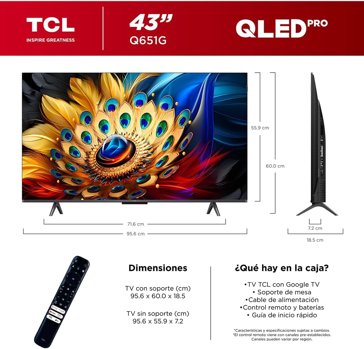 TCL Smart TV Pantalla 43" Google TV, QLED 4K HDR 10, 250 NITS, 120 Hz, Dolby Audio Digital +, Compatible con Alexa - 43Q651G (Reacondicionada)