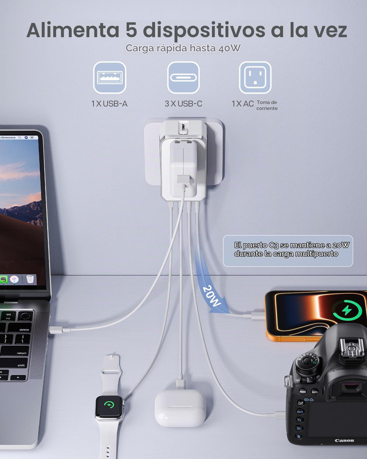 Adaptador de Viaje Universal EPICKA Blanco con Carga Rápida PD para Estados Unidos