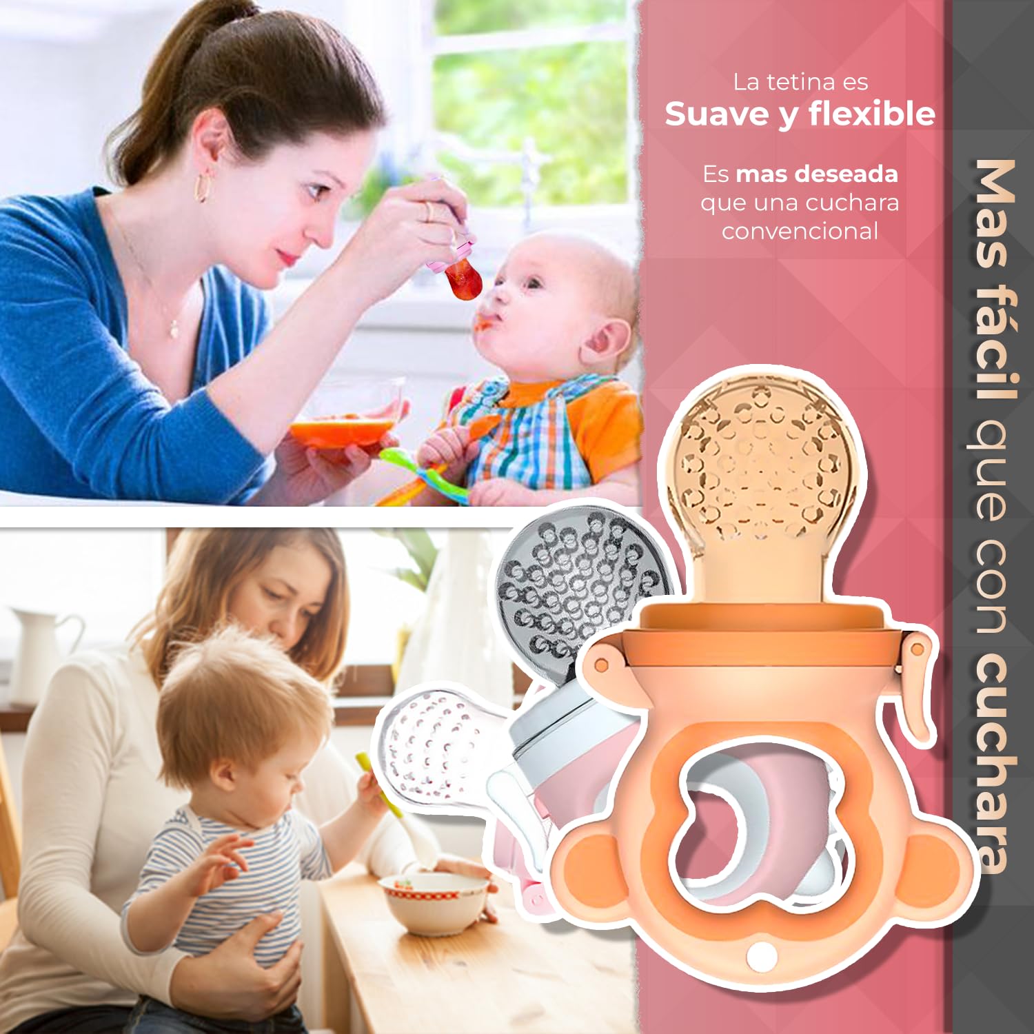 Chupones alimentadores para frutas y papillas con tapa libre de bpa, dibujos animados, 4m+ 3 piezas (pig rosa gris / dino rosa / monkey naranja)