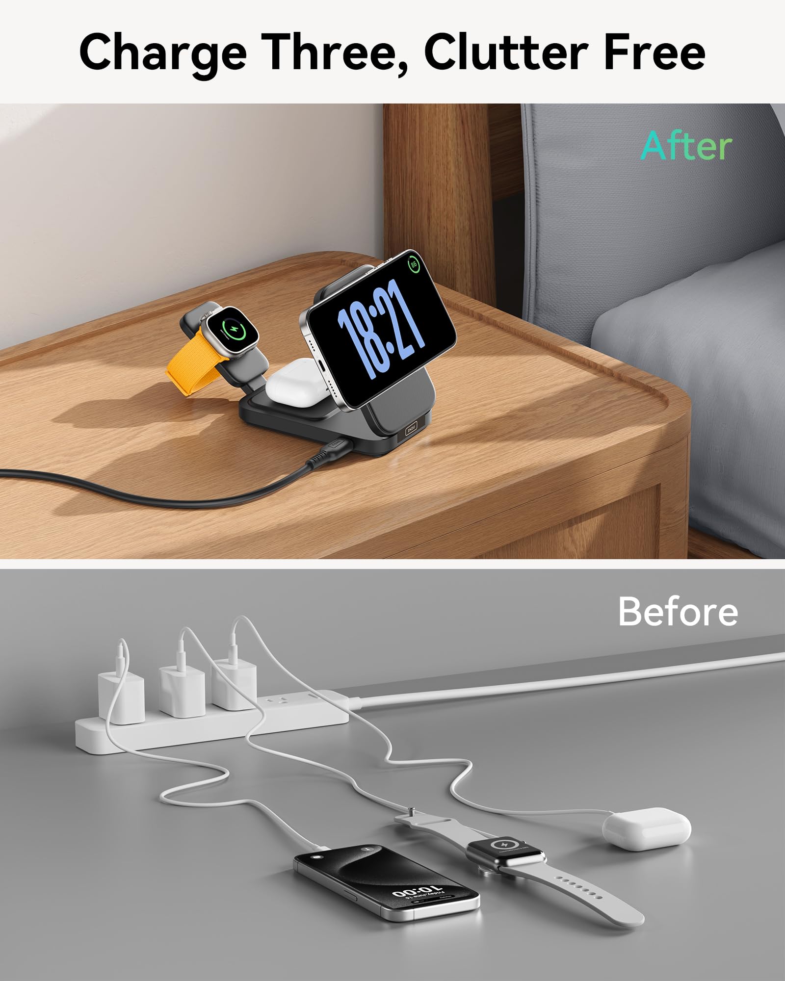 INIU 3 en 1 estación de Carga inalámbrica, Qi2 Certificado 15 W Cargador de Viaje para Apple múltiples Dispositivos, Soporte de Cargador Plegable para iPhone 16, 15, 14, 13 y 12 Series Apple Watch