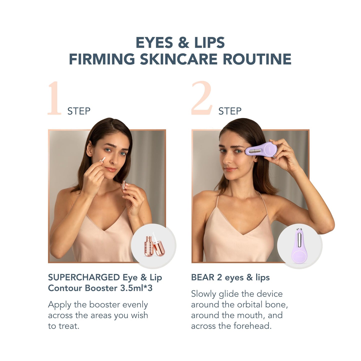 FOREO Set A Wink 'n' a Smile - BEAR 2 Eyes & Lips masajeador facial con radiofrecuencia - microcorrientes facial + 3x3,5 ml Sérum SUPERCHARGED Eye & Lip Contour Booster - Contorno de ojos - Lavander