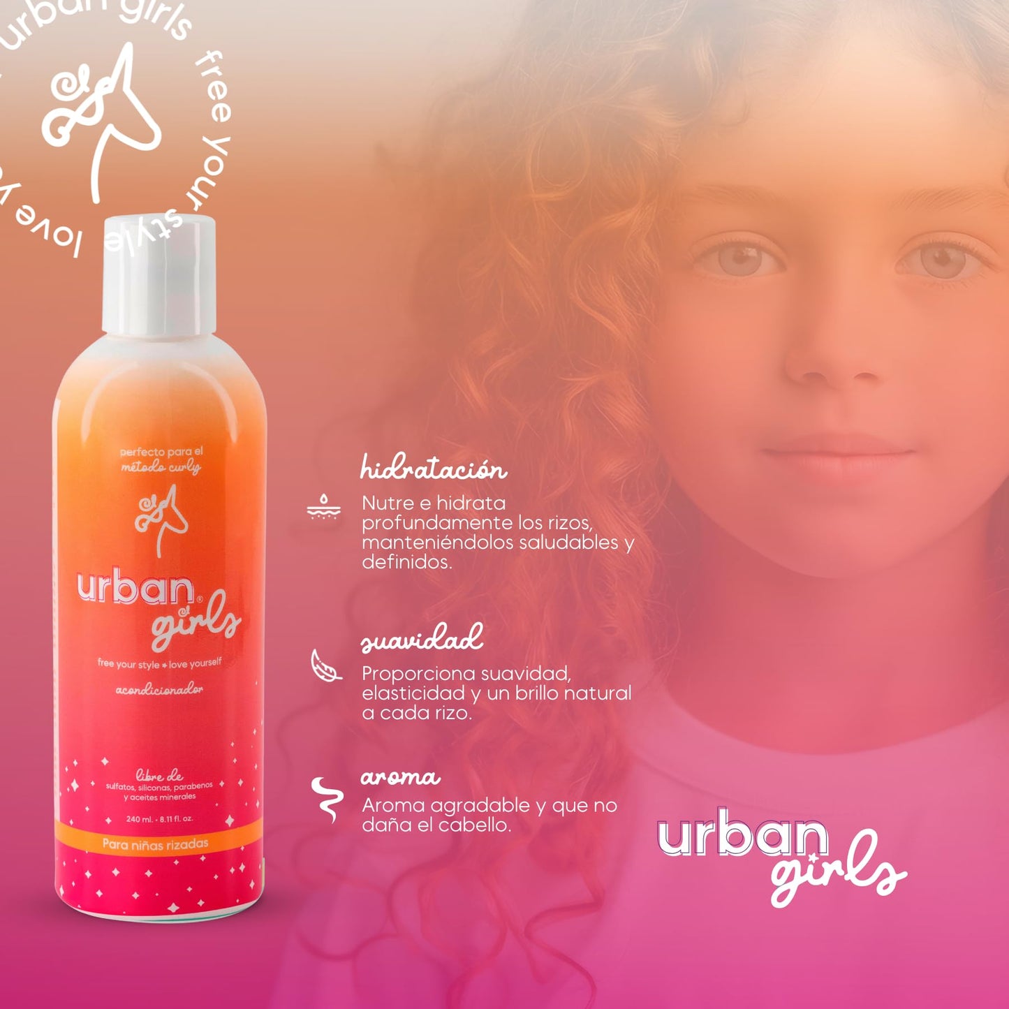 URBAN CURLS Acondicionador para Cabello Rizado de Niñas 240 ml – Sin Sulfatos, Parabenos ni Siliconas – Con Aceite de Coco e Ingredientes Naturales – Define Rizos, Suaviza, Hidrata y Facilita el Desenredo