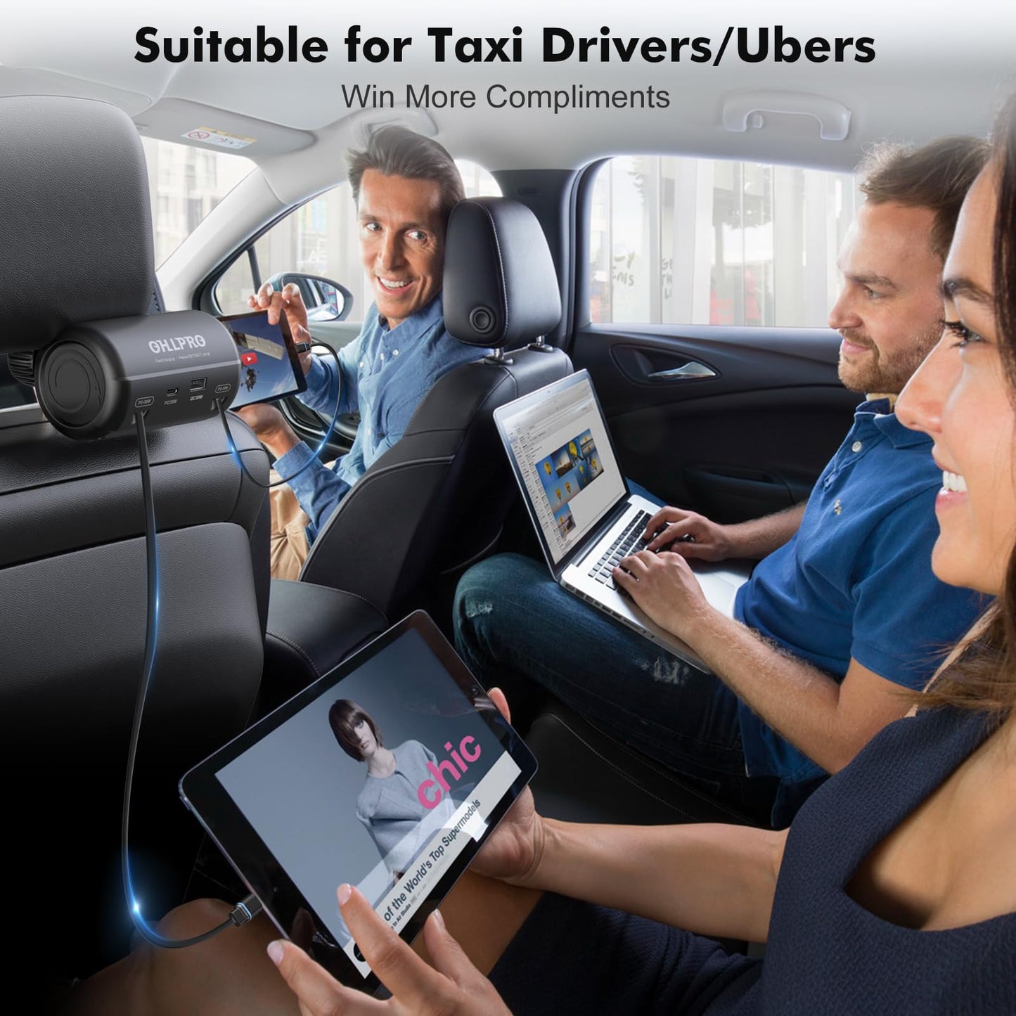 OHLPRO Estación de Carga retráctil para Asiento Trasero para Varios automóviles, Adaptador de Cargador rápido para automóvil de 110 W para Todos los teléfonos, Ideal para Taxi, Uber, Lyft