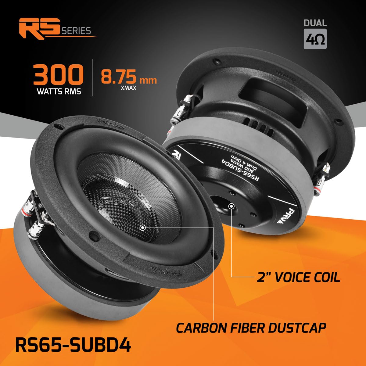 PRV AUDIO Sub D4 de 6.5 pulgadas de 600 vatios de potencia máxima dual de 4 ohmios, 8.75 mm Xmax, RS65-SUBD4, bobina de voz de 2 pulgadas, subwoofer de coche poco profundo de 6.5 pulgadas delgado para