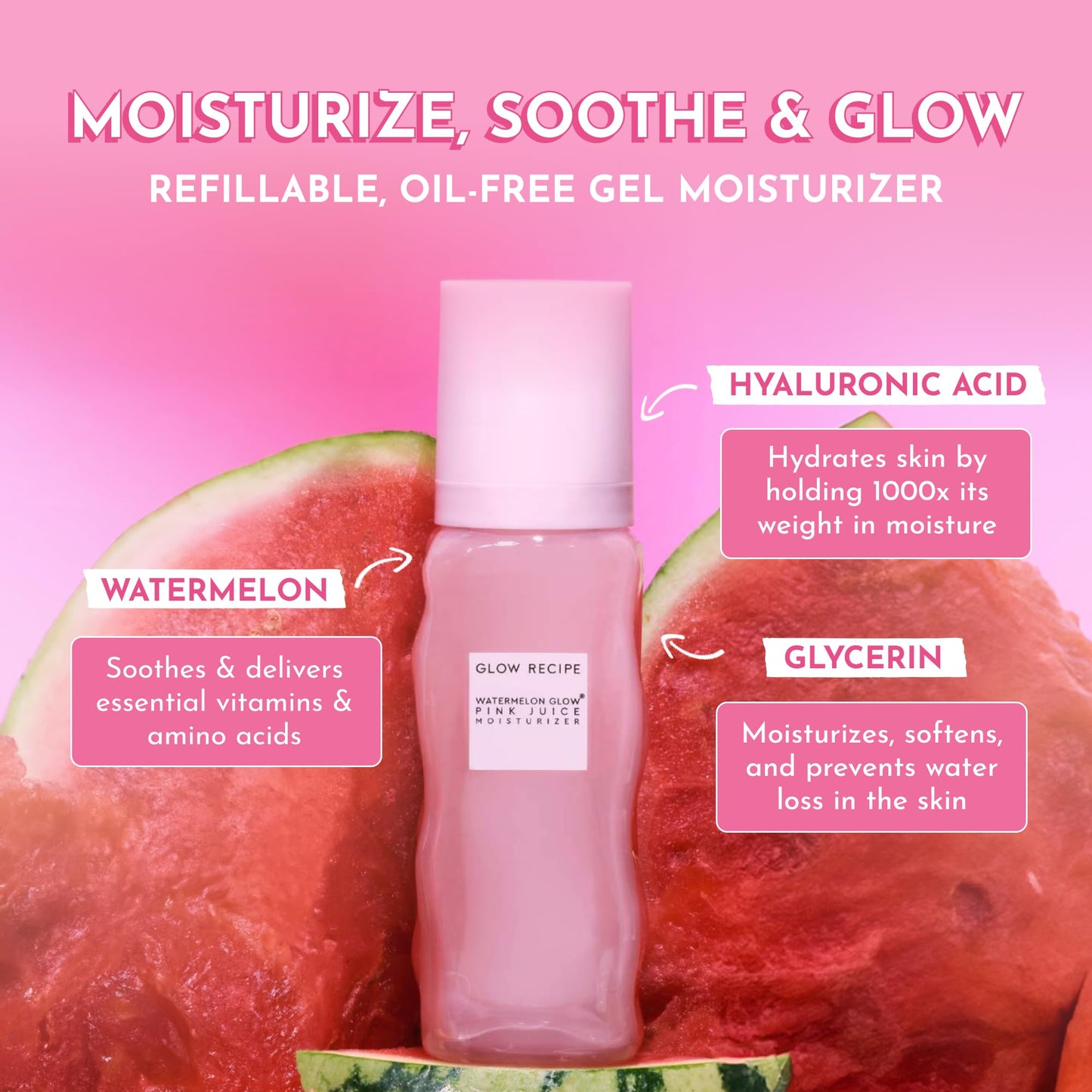 Glow Recipe Watermelon Pink Juice Moisturizer Refiliable 50 Ml. Humectante zumo de sandía con ácido hialurónico.