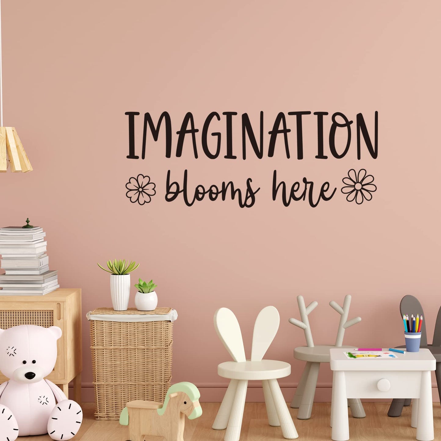 Imagination Blooms Here - Calcomanía de pared de vinilo inspiradora para sala de juegos para niños, decoración de aula